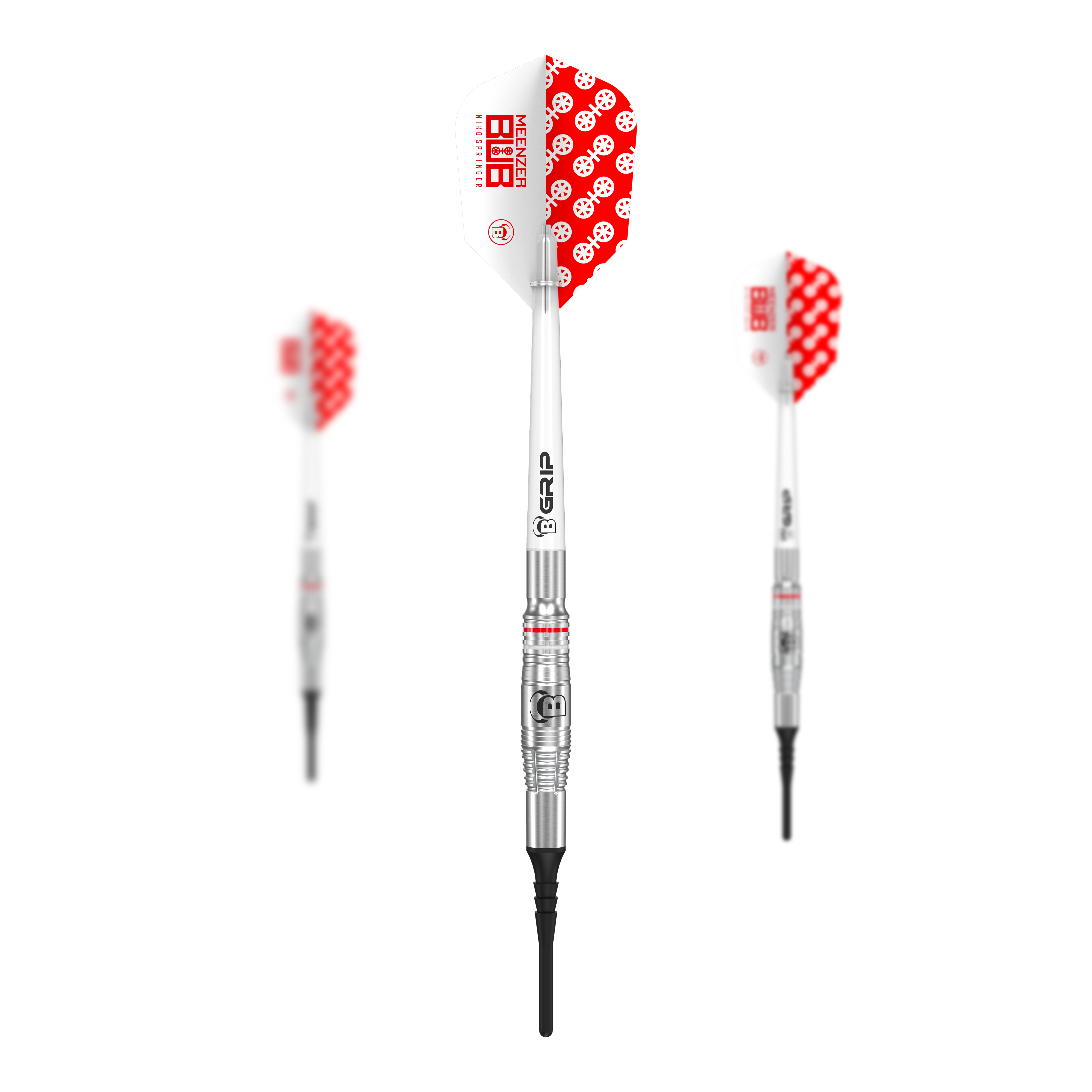 Bulls Niko Springer soft darts - 22g Das Bild zeigt drei Softdarts des Modells 'Bulls Niko Springer' mit einem Gewicht von 22g. Die Darts haben silberne Schäfte und weiße Flights mit einem roten Punktmuster.