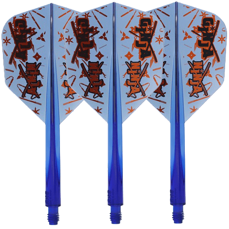 Auf dem Bild sind drei blaue Dartflights mit dem Namen "Condor Axe Ginja Ninja Matt Campbell Flight-Shaft - Small" zu sehen. Die Flights haben ein auffälliges Design mit orangen und schwarzen Mustern.