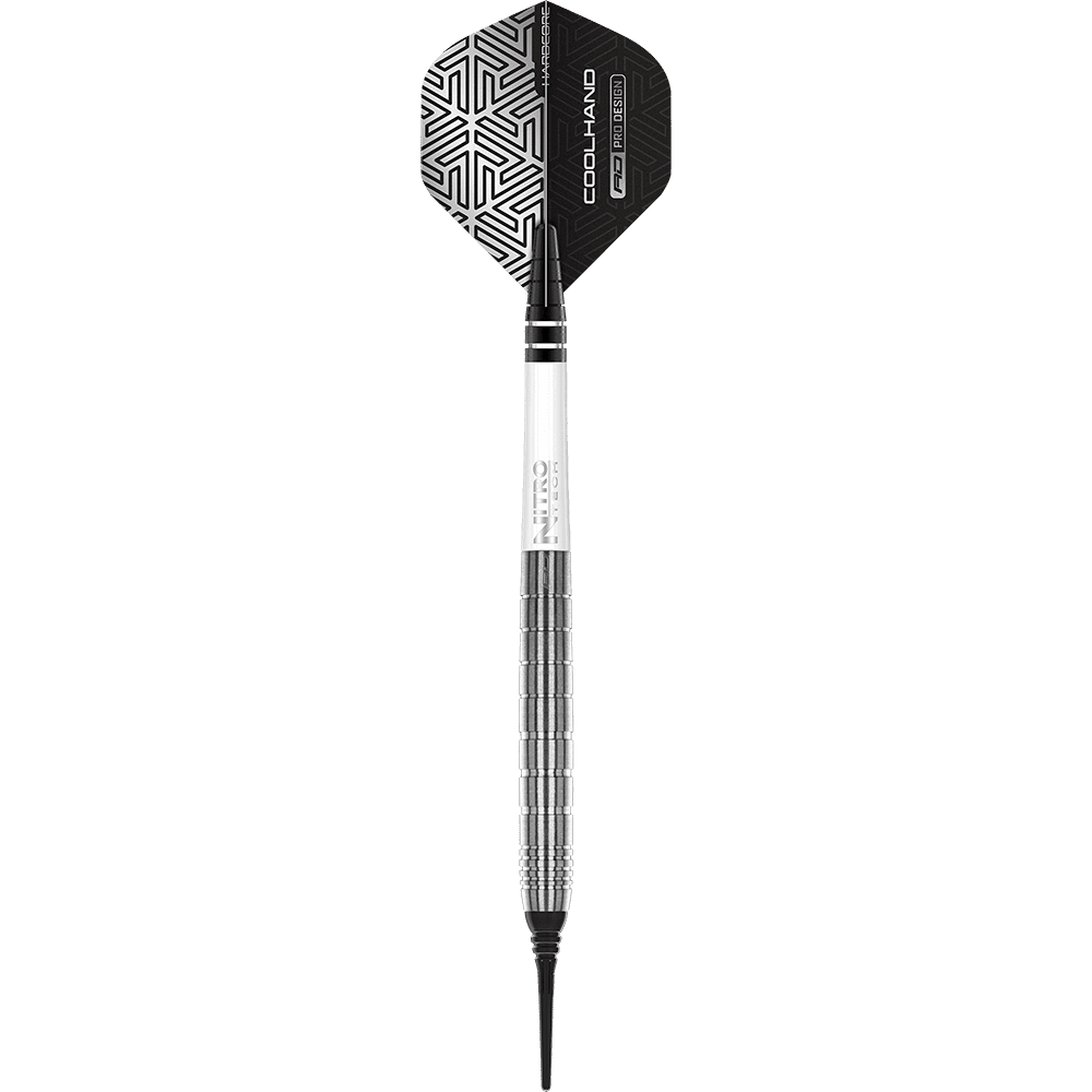 RD2505_Red_Dragon_Luke_Humphries_TX1_Softdarts_1KUeopzW1DNRUU Das Bild zeigt einen Softdart des Modells "Red Dragon Luke Humphries TX1" mit einem Gewicht von 20 Gramm. Der Dart hat ein silbernes Griffstück und ein schwarz-weiß gemustertes Flight.