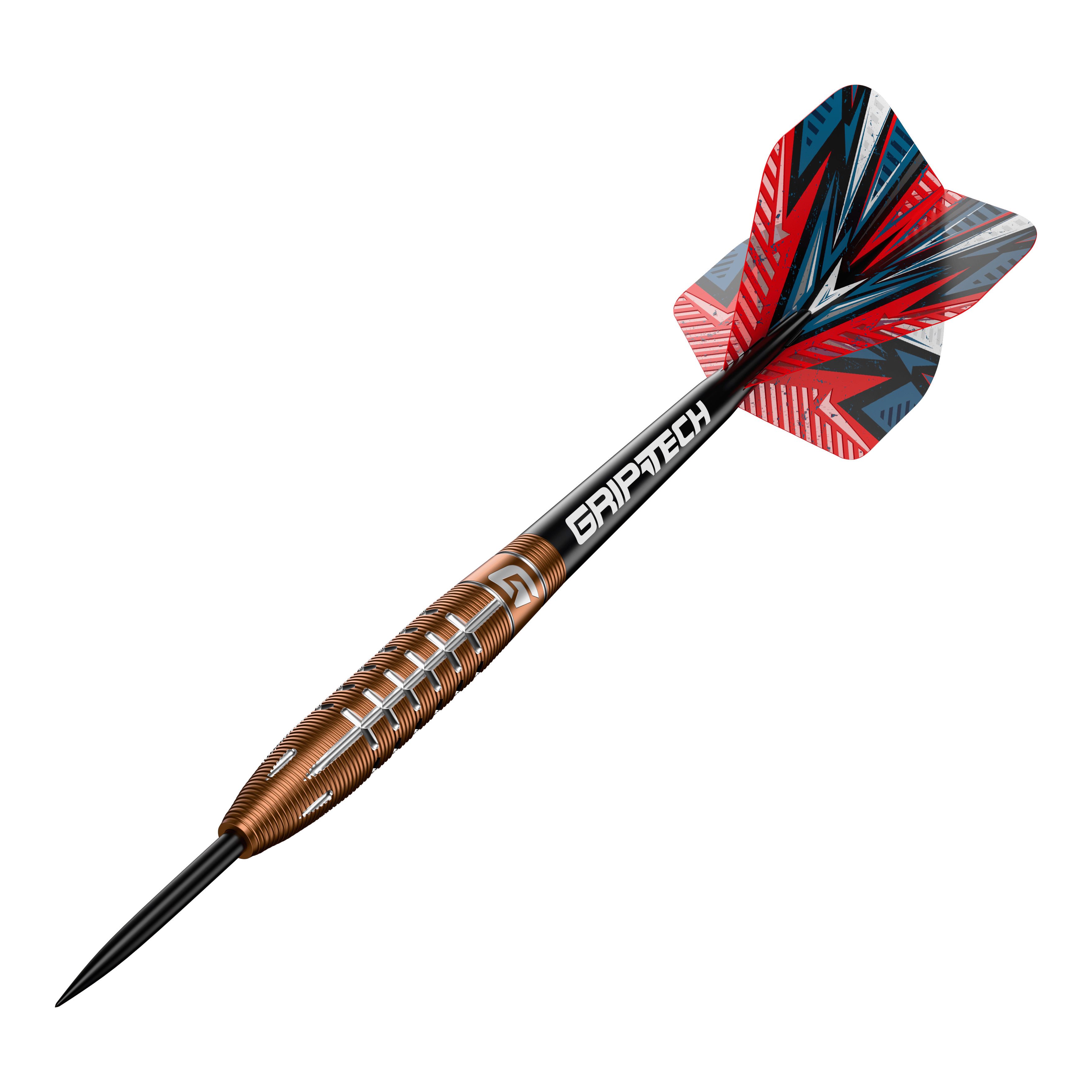 GOAT Quarterback V2 Tungsten Steel Darts - 24g Das Bild zeigt einen Steeldart namens "GOAT Quarterback V2 Tungsten" mit einem Gewicht von 24 Gramm. Der Dart hat ein auffälliges Design mit roten, schwarzen und silbernen Akzenten sowie dem Schriftzug "GRIPTECH" auf dem Schaft.