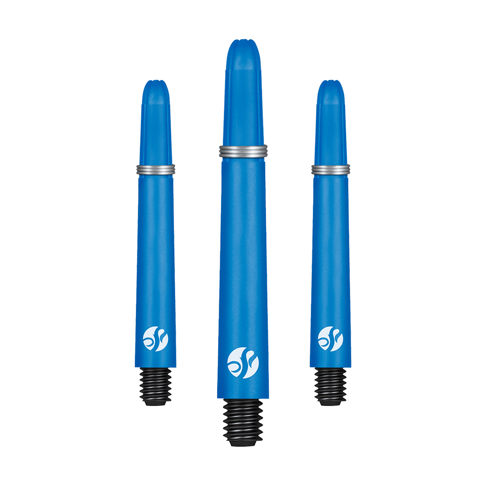 Shot Koi Carbon Shafts - Blue Das Bild zeigt drei blaue Dartschäfte in verschiedenen Längen. Jeder Schaft hat ein schwarzes Gewinde und einen weißen Aufdruck.