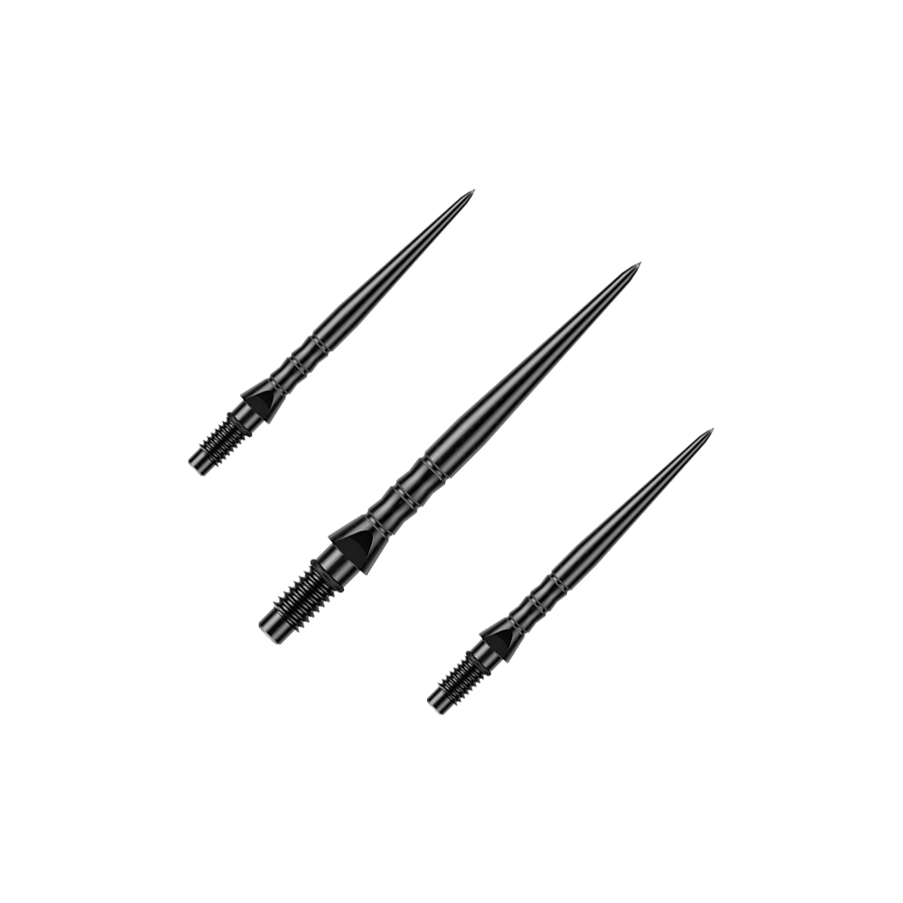 Das Bild stellt ein Set schwarzer Steeldartspitzen in der Länge von 26 mm dar. Dieses Set ist für Steeldartspieler gedacht.