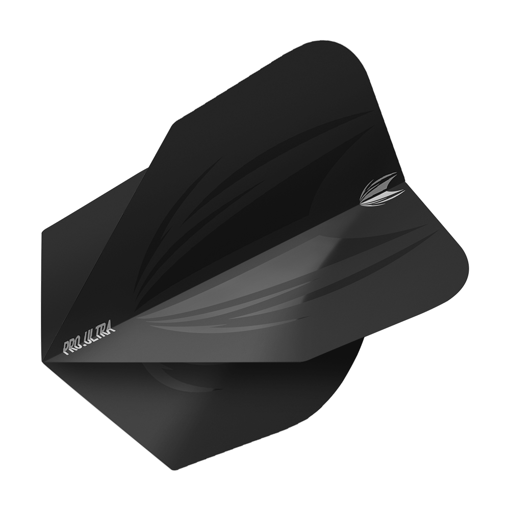 TG407_Target_ProUltra_ID_Black_No6_Flights_2 Das Bild zeigt das Produkt "Target ProUltra ID Black No6 Flights". Es handelt sich um schwarze Dart-Flights mit einem modernen, dezenten Design.