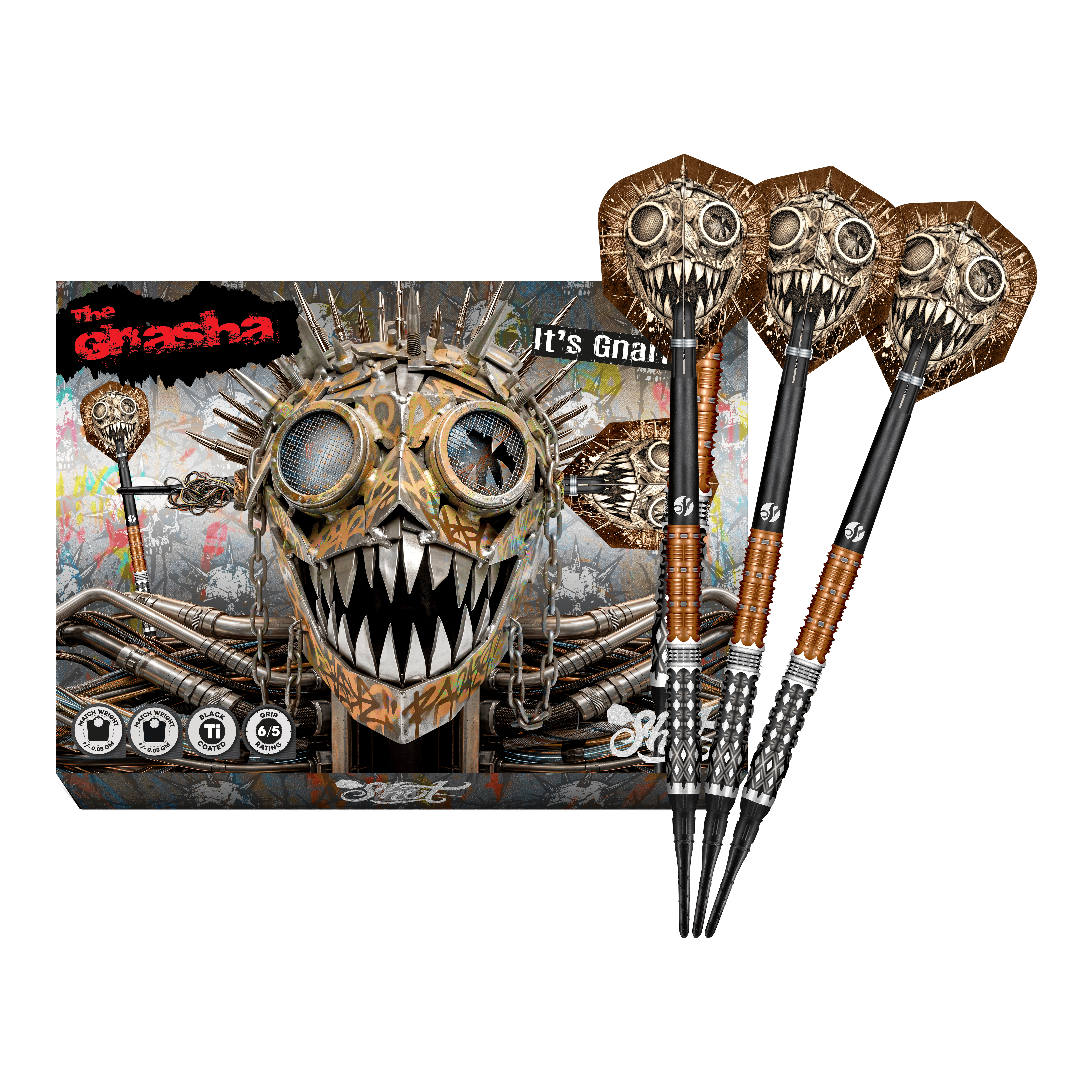 Das Foto zeigt die vollständigen Shot Gnarly Gnasha Softdarts - 20g. Diese Softdarts zeichnen sich durch ein modernes Design aus.