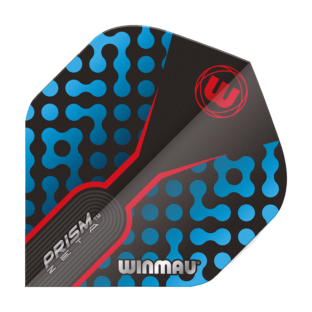 6915-307_Winmau_Prism_Zeta_BlueRed_Standard_Flights_19oCWTE0DNUMYs Dies ist ein Winmau Prism Zeta BlueRed Standard Flight für Dartpfeile. Das Design zeigt blaue Muster auf schwarzem Hintergrund mit roten Akzenten und dem Winmau-Logo.