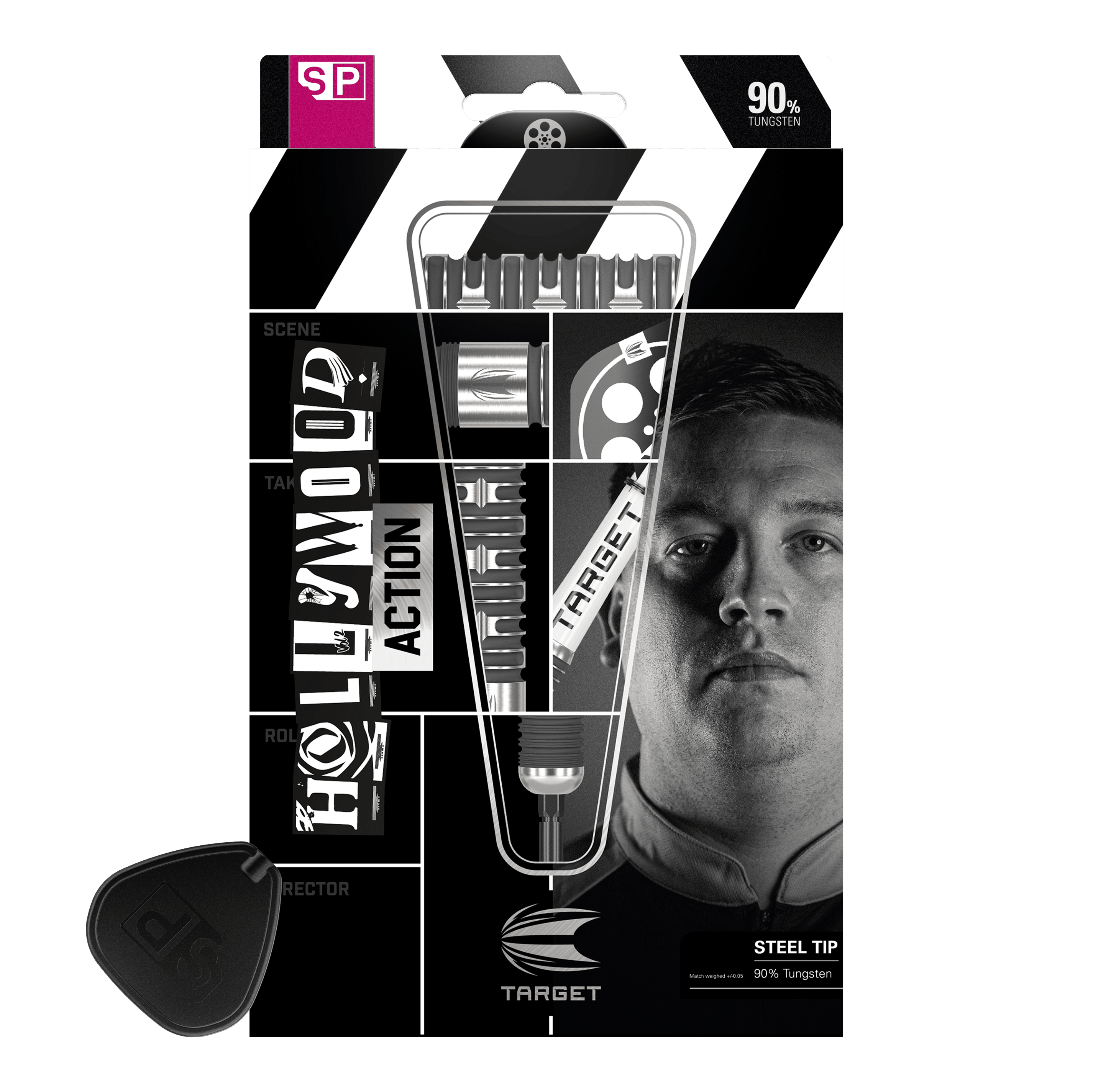 Target Chris Dobey Hollywood Action Swiss Point Steeldarts Die Abbildung zeigt die Verpackung der "Target Chris Dobey Hollywood Action Swiss Point Steeldarts". Auf der Verpackung sind die Darts, der Produktname und ein Porträt einer Person zu sehen.