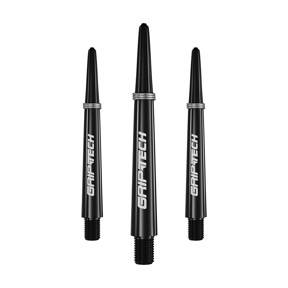 GOAT Griptech Shafts - Black Das Bild zeigt drei schwarze Dart-Schäfte mit der Aufschrift "GRIPTECH" in weißer Farbe. Sie sind schlank geformt und haben silberne Ringe am oberen Ende.