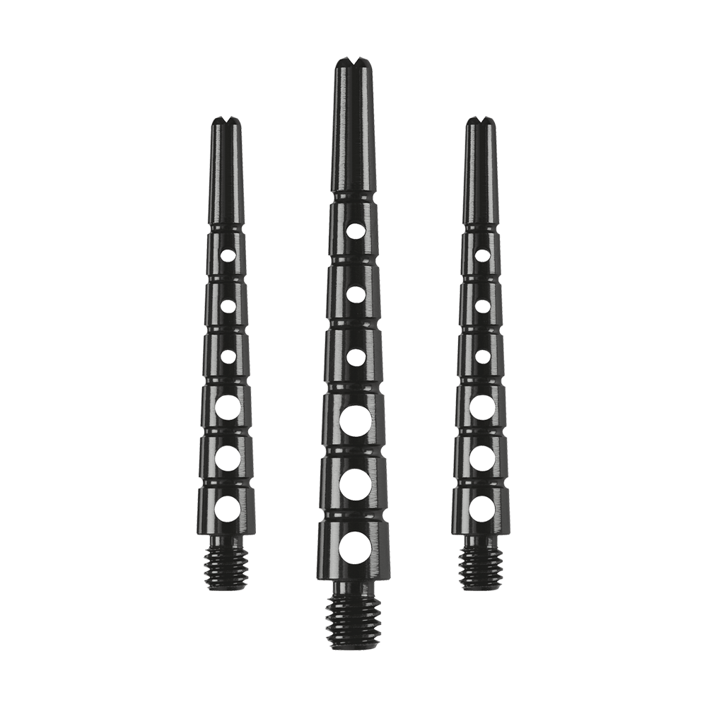 901941_Harrows_Graflite_Shafts_Schwarz_1 Auf dem Bild sind drei Harrows Graflite Shafts mit einer Länge von 41 mm zu sehen. Die schwarzen Schäfte haben mehrere runde Aussparungen entlang ihrer Länge.