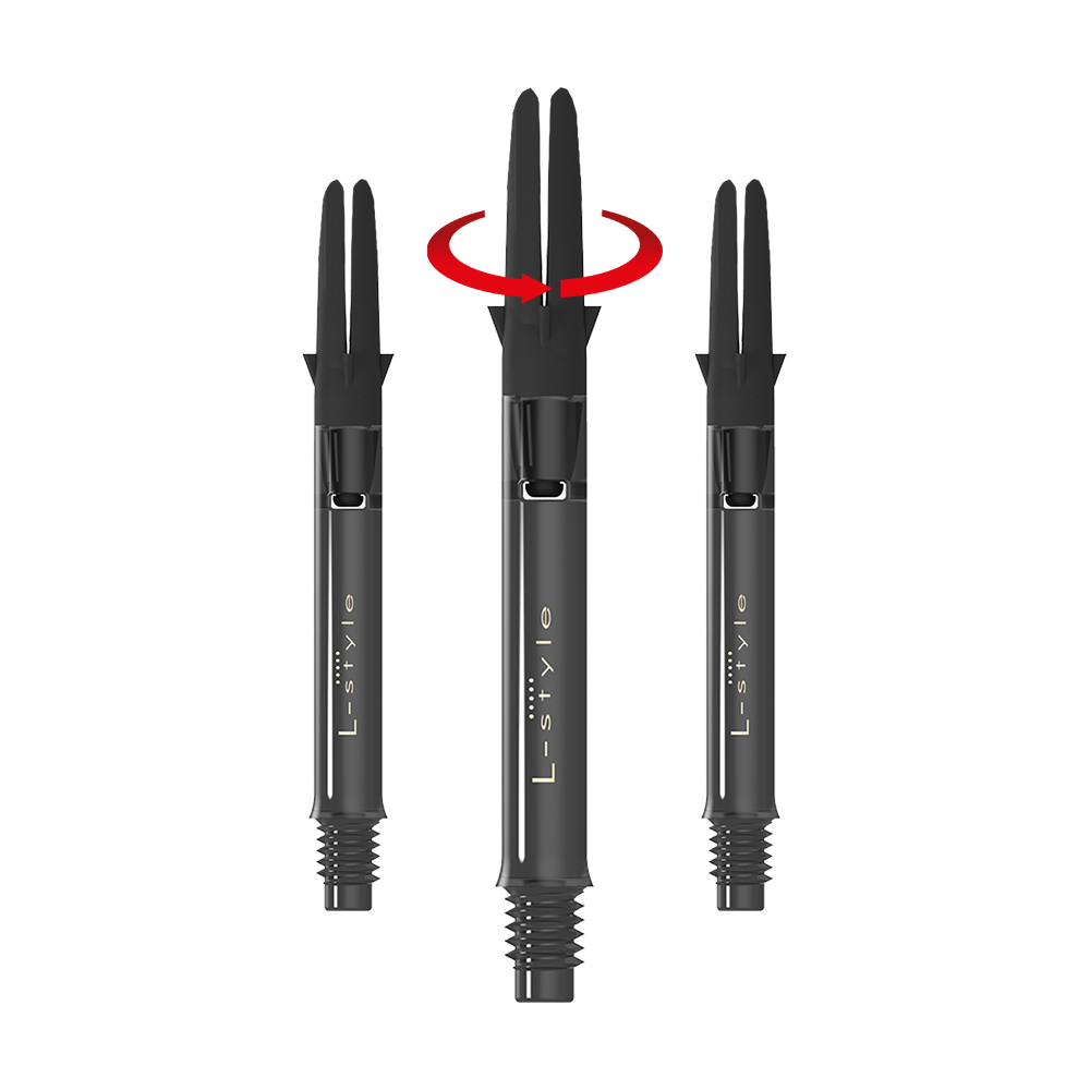 L-L-Style-Shaft Carbon Silent Straight - Schwarz Das Bild zeigt drei schwarze Dart-Schäfte der Marke L-Style in einer geraden Anordnung. Über dem mittleren Schaft befindet sich ein roter Pfeil, der eine Drehbewegung anzeigt.