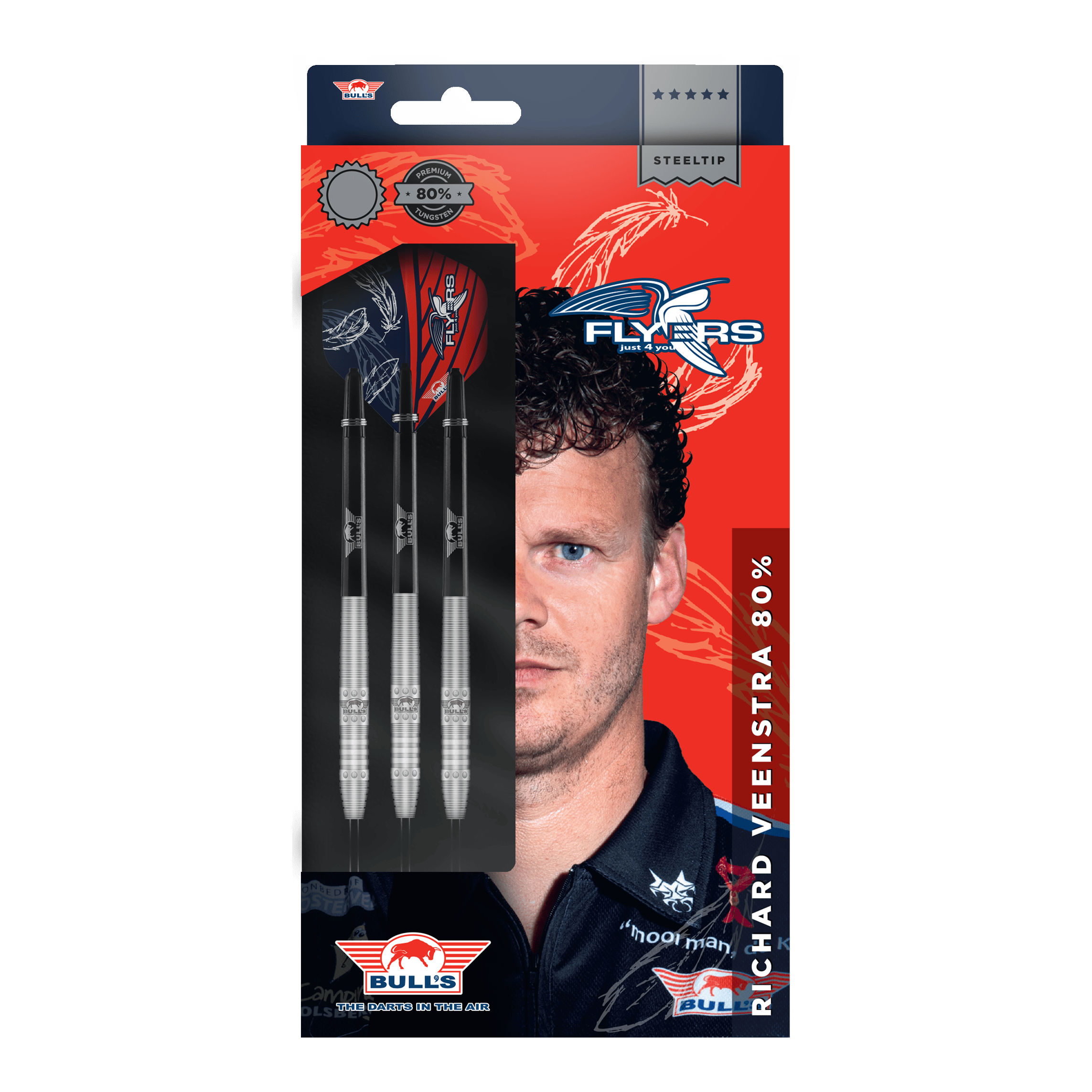 Bulls NL Richard Veenstra 80 steel darts - 23g Die Verpackung zeigt die "Bulls NL Richard Veenstra 80 Steeldarts - 23g". Auf der Vorderseite sind drei Darts und das Porträt eines Mannes abgebildet.
