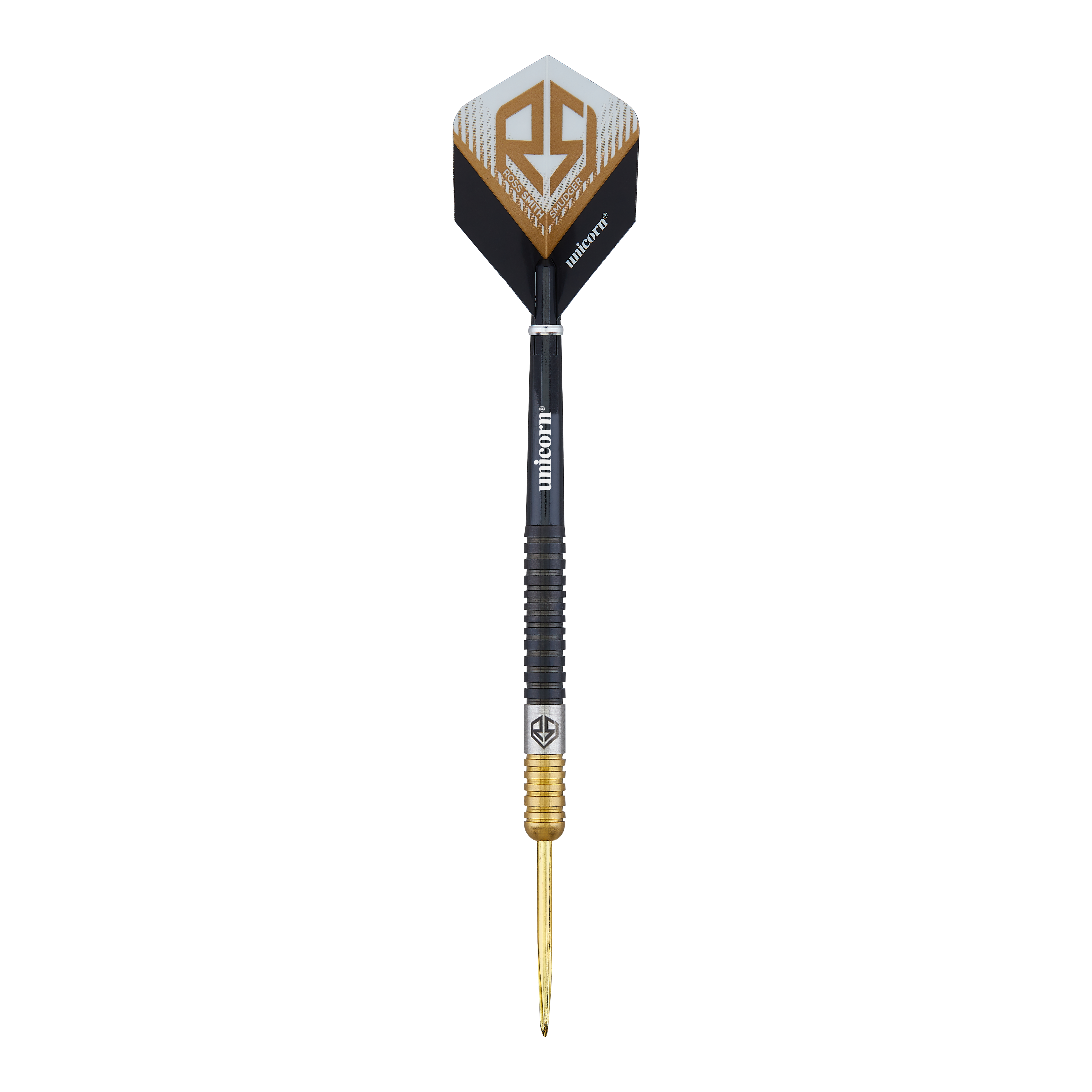 Unicorn Ross Smith Two-Tone Steel Darts Das Bild zeigt einen Steeldart namens "Unicorn Ross Smith Two-Tone". Der Dartpfeil hat ein schwarz-goldenes Design und das Unicorn-Logo auf den Flights.