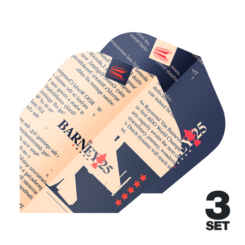 Das Bild zeigt drei Dart-Flights mit dem Aufdruck "BARNEY25" und einem speziellen Design. Unten rechts steht "3 Set" als Hinweis auf die Anzahl der Sets.