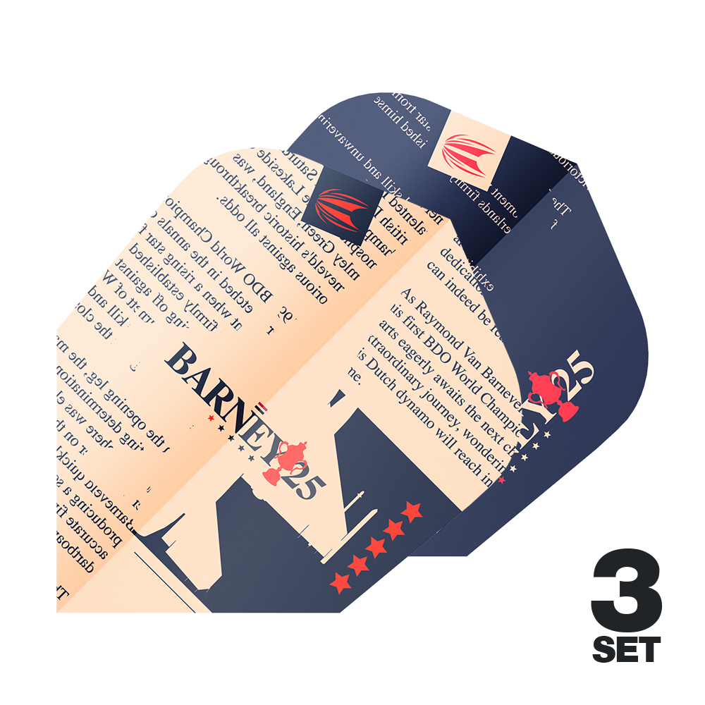 Target ProUltra Raymond Van Barneveld Barney25 Ten-X Flights Das Bild zeigt drei Dart-Flights mit dem Aufdruck "BARNEY25" und einem speziellen Design. Unten rechts steht "3 Set" als Hinweis auf die Anzahl der Sets.