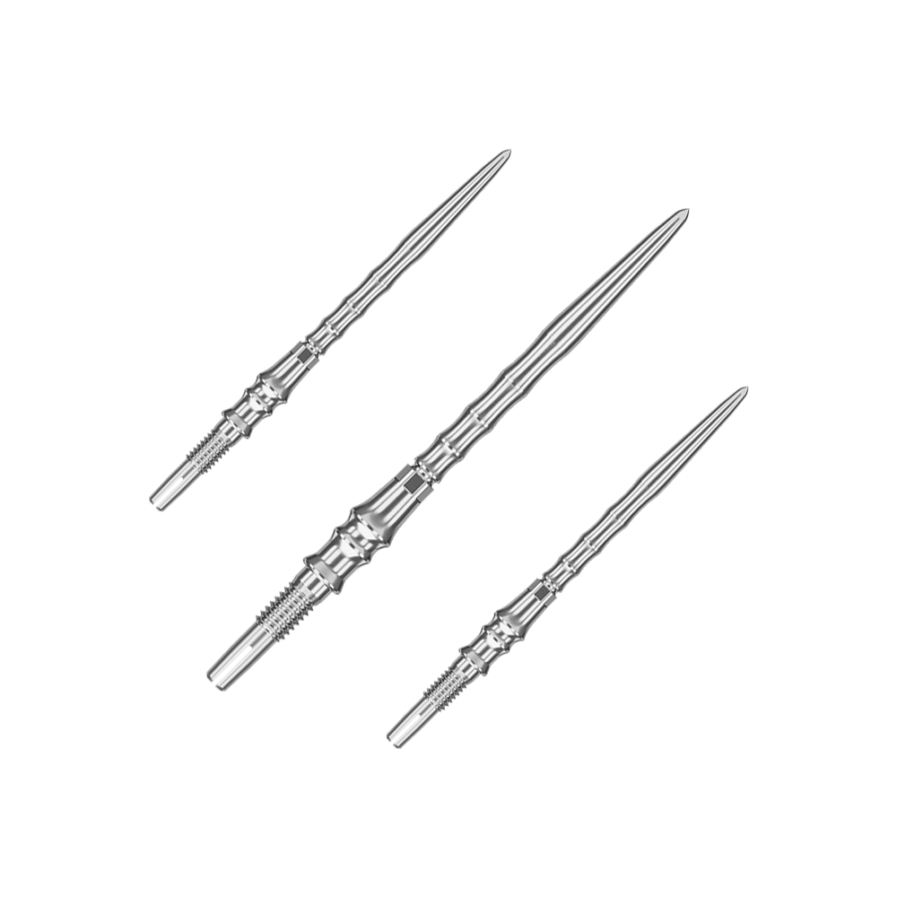 Target Japan Premium Swiss Point Dart Tips - Silver Das Bild zeigt ein Set silberner SwissPoint-Dartspitzen mit 35 mm Länge. Diese Dartspitzen stammen aus der Target Japan Premium Kollektion.