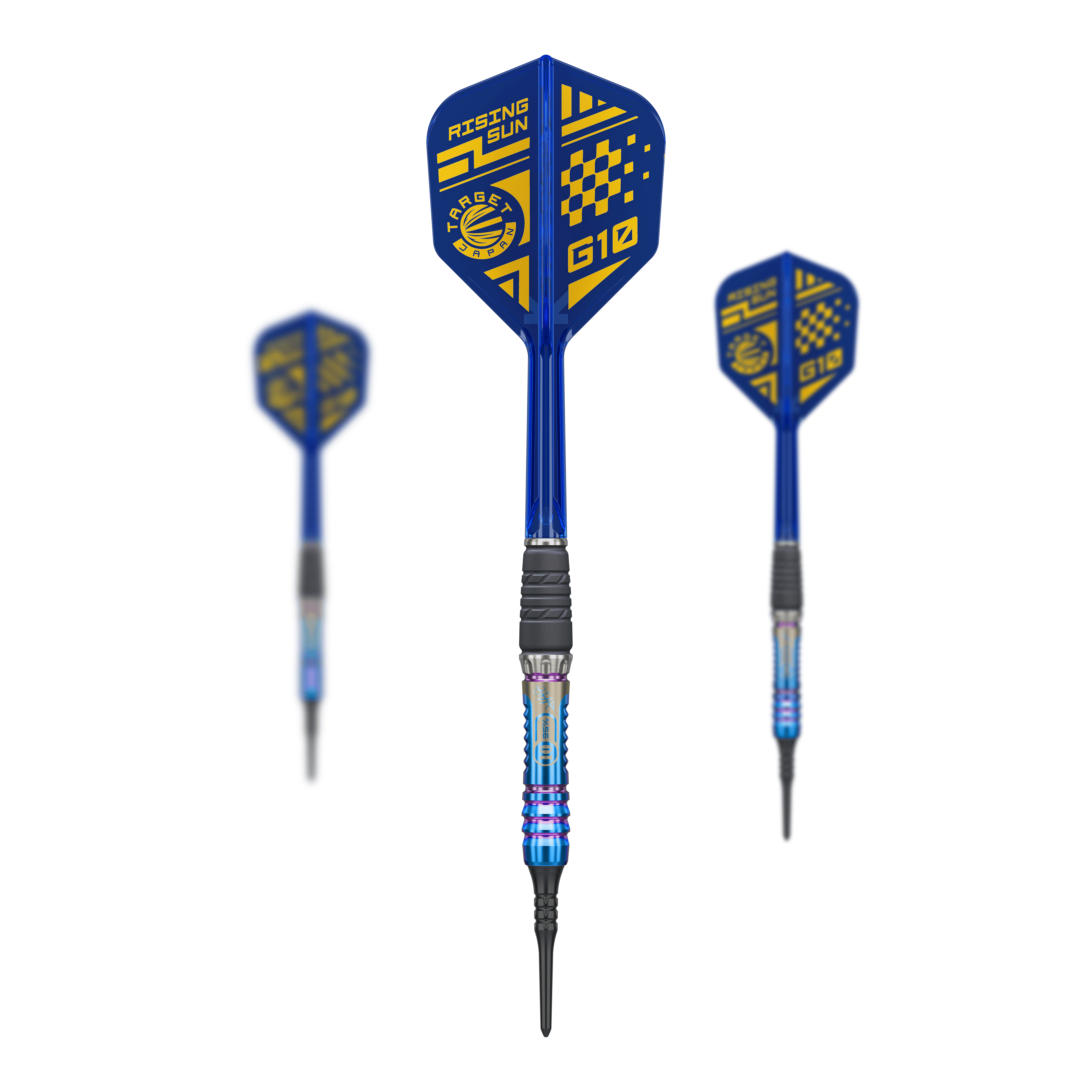 Auf dem Foto ist das Set Target Japan Rising Sun GEN10 Softdarts - 21,5g zu sehen. Das Set enthält mehrere hochwertige Dartpfeile.