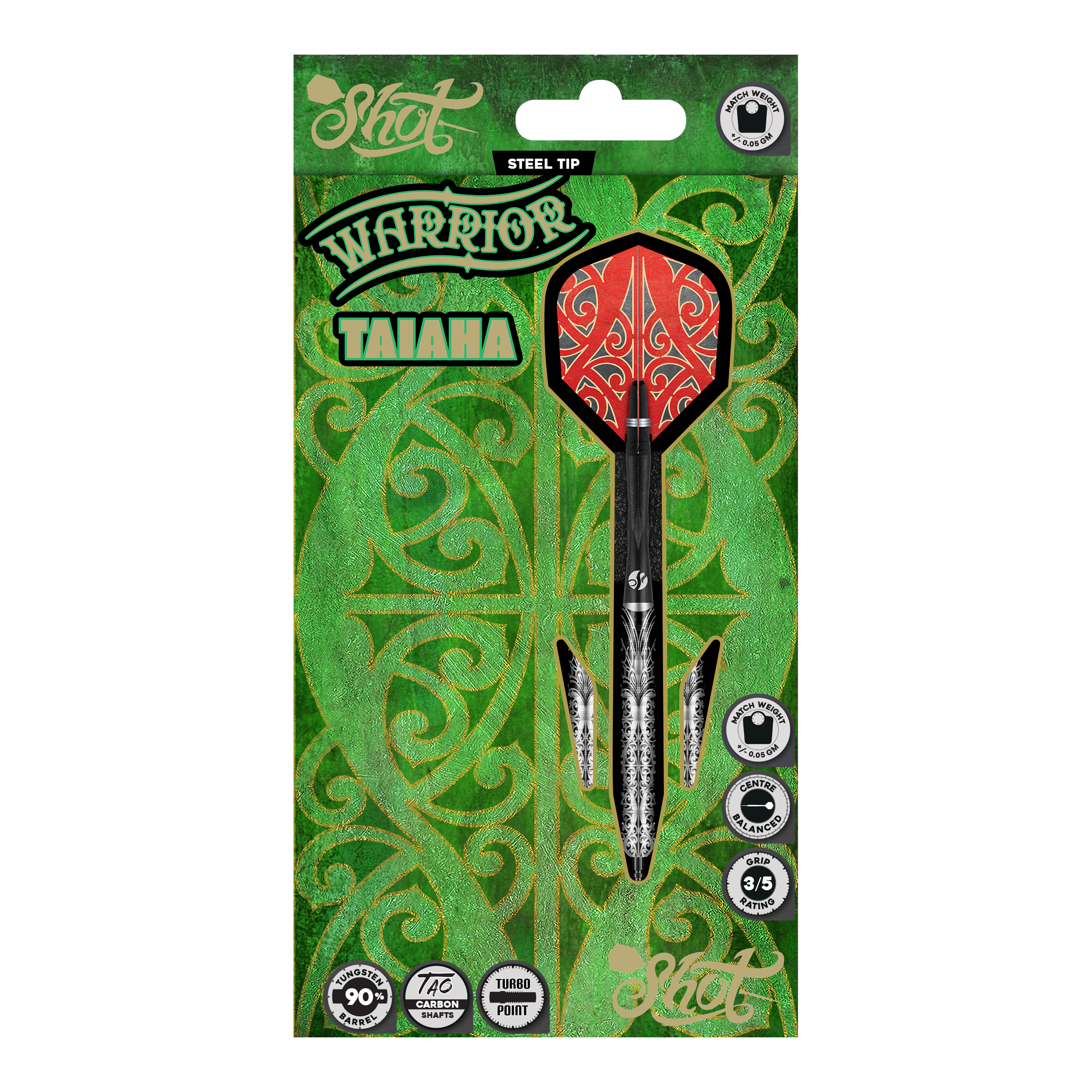 Shot Warrior Taiaha Turbo Point Steeldarts sind Dartpfeile mit kunstvollem Griffbereich. Sie liegen ordentlich nebeneinander.