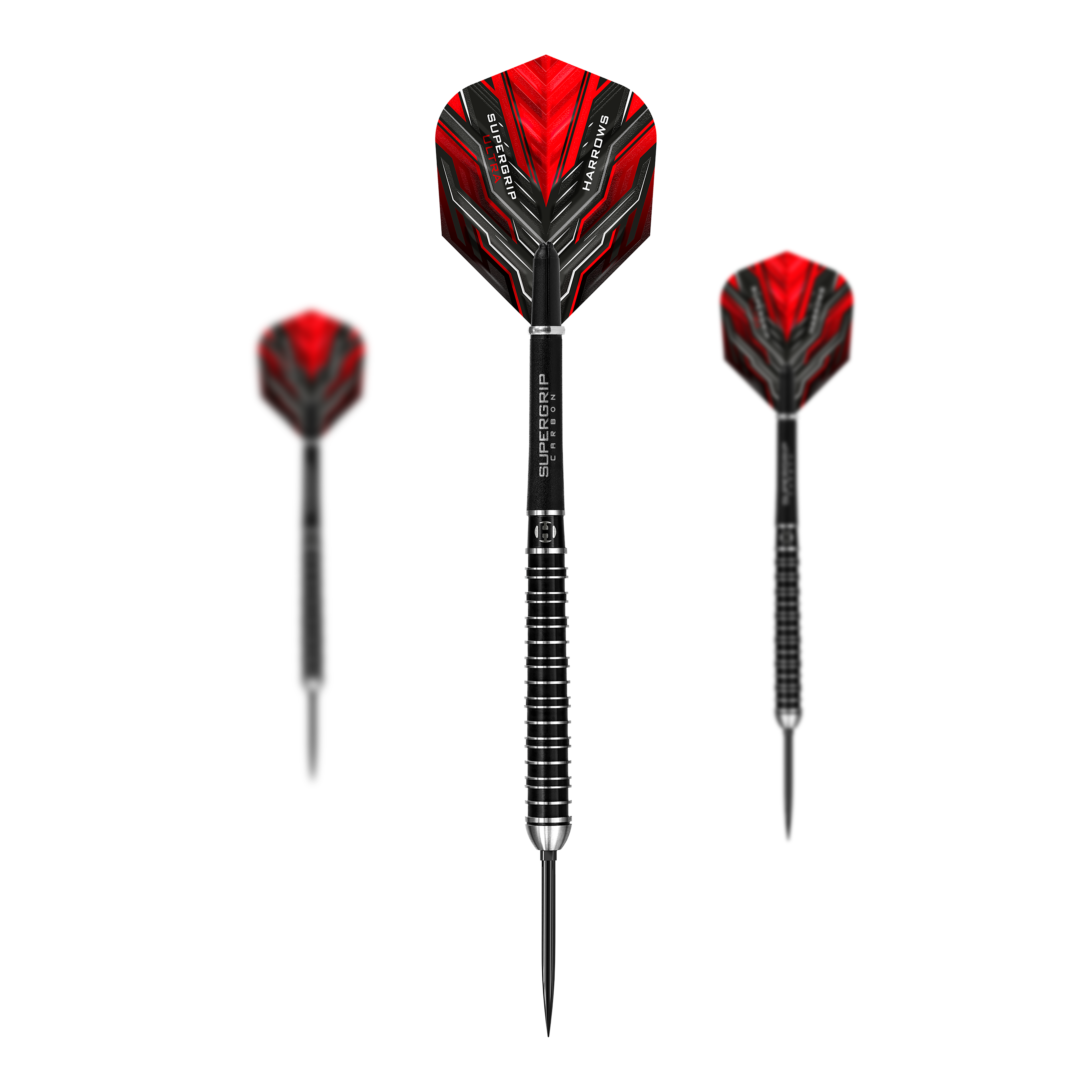 Harrows Supergrip Ultra Quick Point Steel Darts Das Bild zeigt das Harrows Supergrip Ultra Quick Point Steeldarts Set. Die einzelnen Darts werden nebeneinander angezeigt.