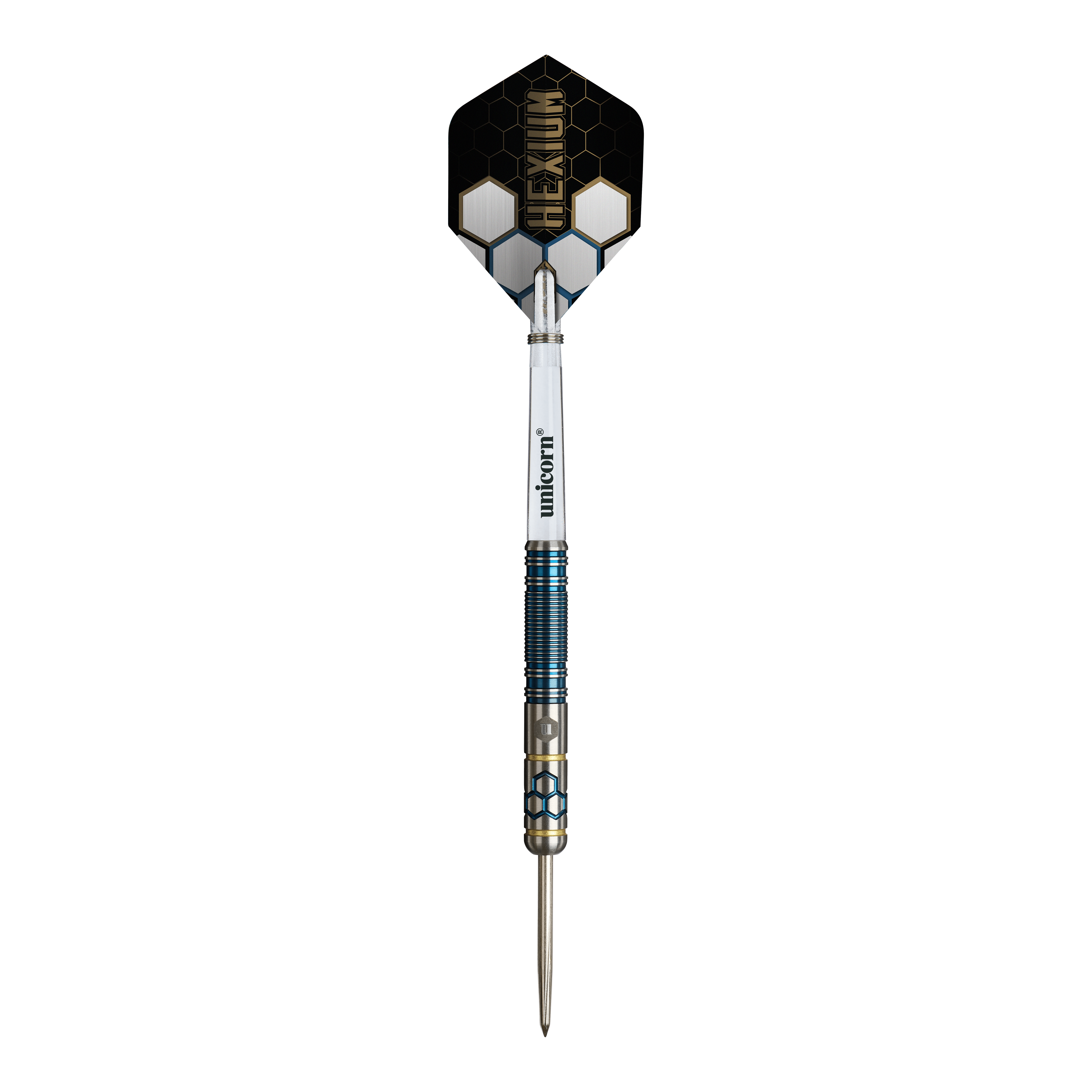 Unicorn Hexium Style 02 Blue & Gold Steeldarts Abgebildet sind die Unicorn Hexium Style 02 Blue & Gold Steeldarts. Die Farbkombination aus Blau und Gold ist auffällig.