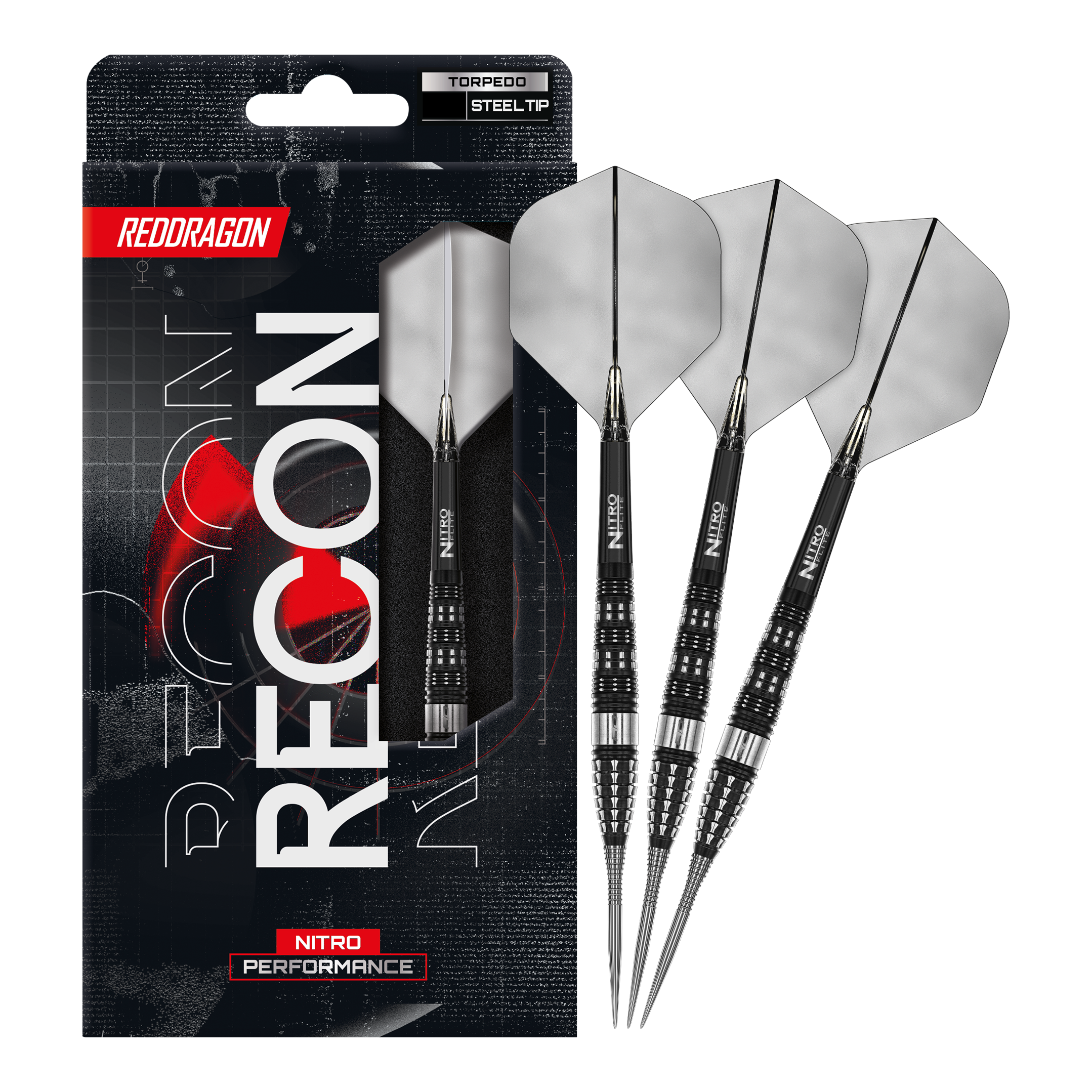 Auf dem Bild ist ein vollständiger Satz Red Dragon Recon Torpedo Steeldarts dargestellt. Diese Steeldarts sind speziell für präzises Spielen entwickelt.