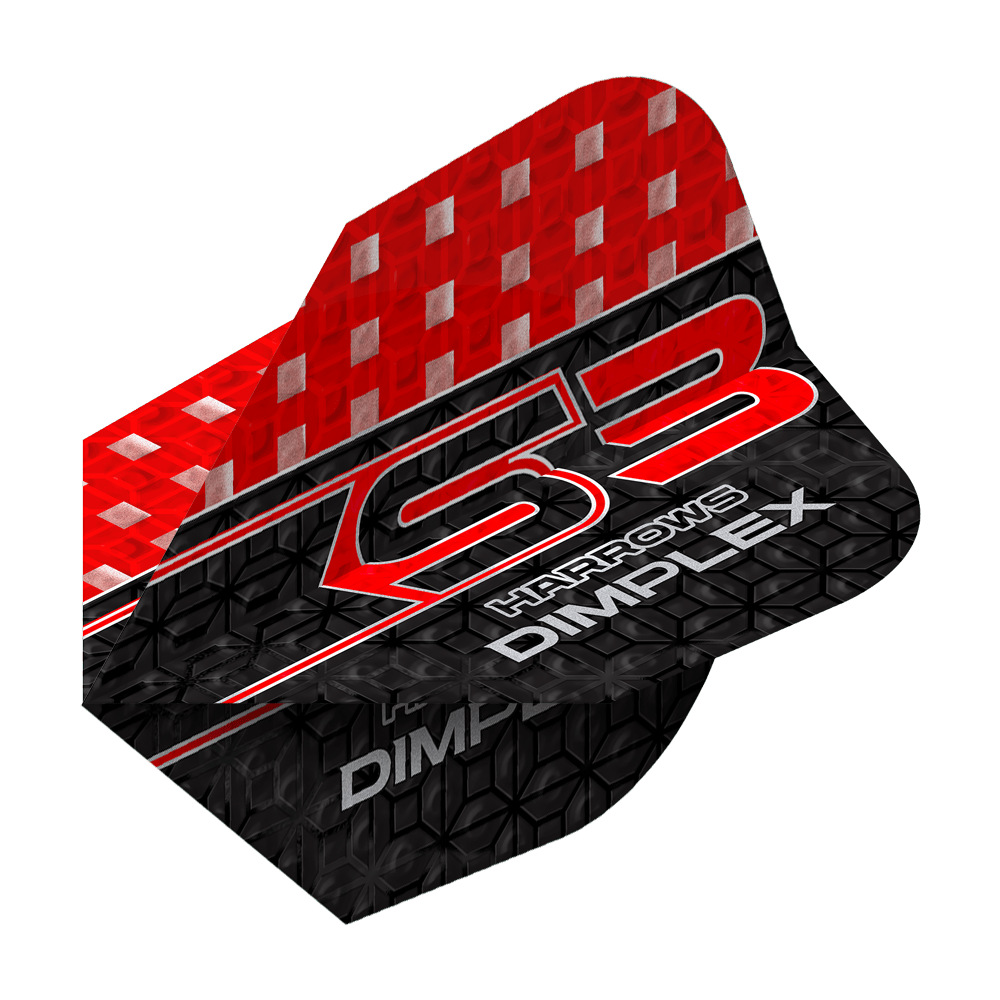 Harrows Dimplex S3 Flights - Red Das Bild zeigt ein Harrows Dimplex S3 Flight in den Farben Rot und Schwarz. Auf dem Flight steht der Schriftzug "S3 Harrows Dimplex" in auffälligen Buchstaben.