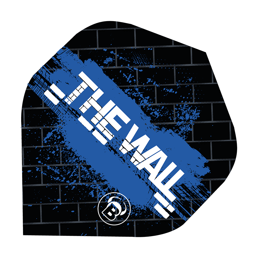 Bulls B-Star Martin Schindler Black Blue No2 Standard Flights Das Bild zeigt ein Dartflight im schwarzen und blauen Design mit der Aufschrift "THE WALL". Im Hintergrund ist ein Ziegelmuster zu sehen, und unten befindet sich ein rundes Logo mit einem "B".