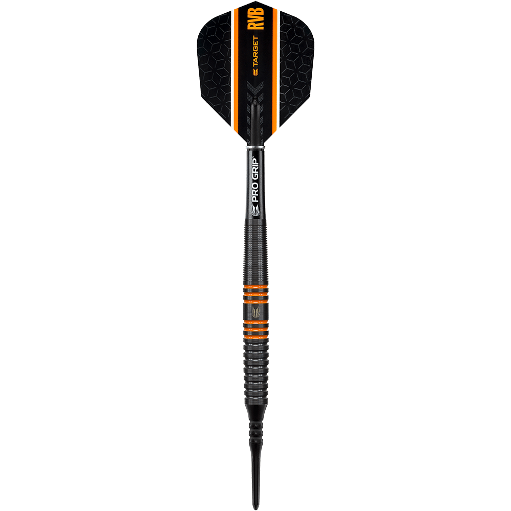 Das Bild zeigt einen Target RVB 80% Black Tungsten Softdart. Der Dart ist überwiegend schwarz mit orangefarbenen Akzenten und trägt die Aufschrift "RVB" sowie "PRO GRIP".