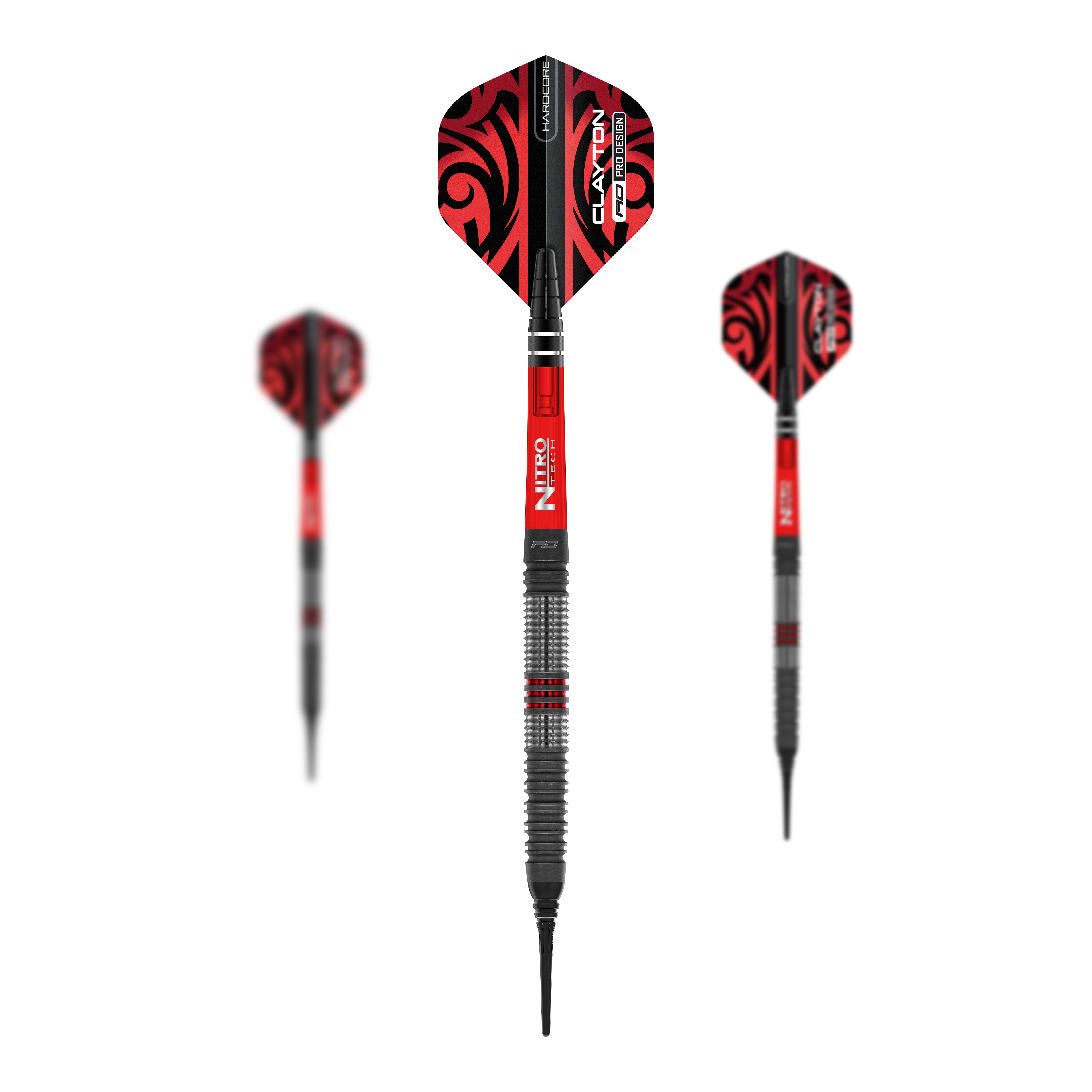Red Dragon Jonny Clayton Hiraeth Soft Darts - 20g Das Bild zeigt die Red Dragon Jonny Clayton Hiraeth Softdarts mit einem Gewicht von 20g. Die Darts haben ein auffälliges rotes Design mit schwarzen Mustern und silbernen Ringen am Barrel.