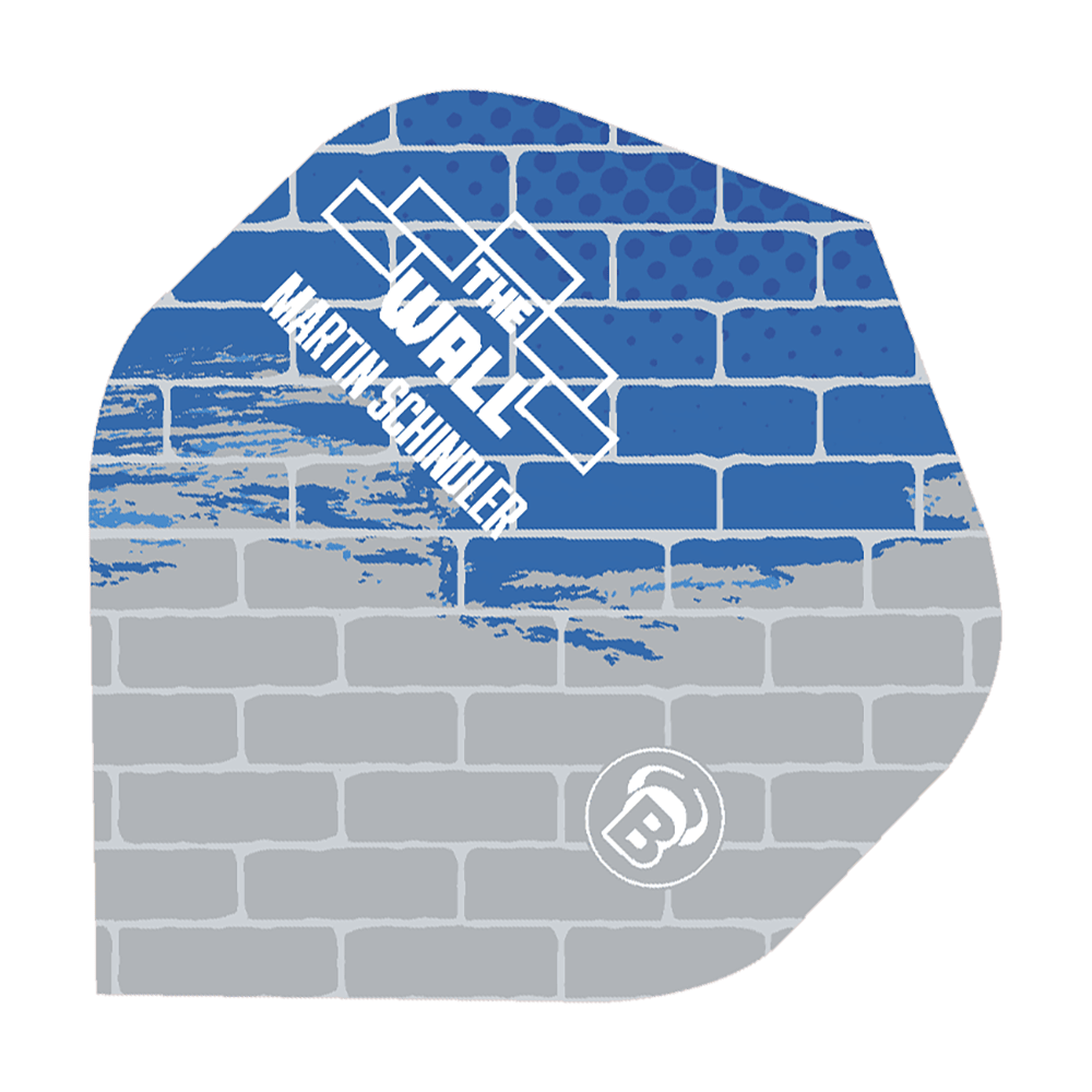 Bulls Metrixx Martin Schindler Blue Gray No2 Standard Flights Das Bild zeigt ein Dartflight mit einem Mauer-Design in Blau und Grau. Auf dem Flight steht „THE WALL MARTIN SCHINDLER“ und das Bulls-Logo ist unten rechts zu sehen.