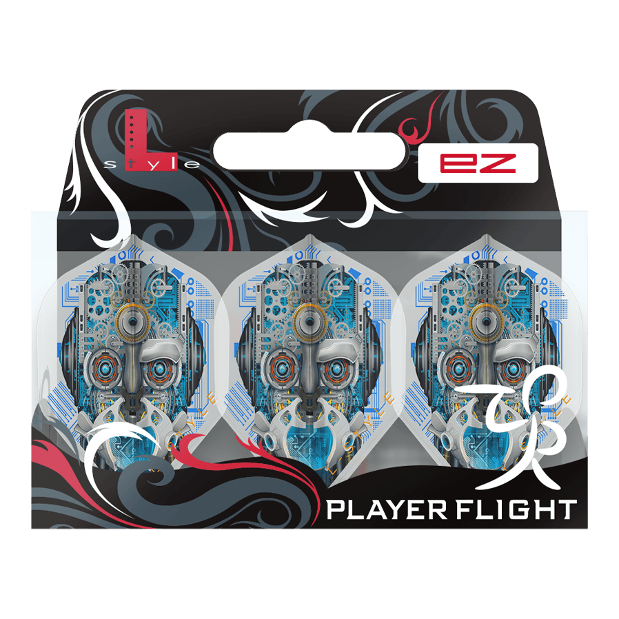 L-Style Berry Van Peer V3 Clear White L1EZ Flights Das Bild zeigt eine Verpackung mit drei weißen Dart-Flights namens "L-Style Berry Van Peer V3 Clear White L1EZ". Die Flights haben ein futuristisches Design mit einem Roboter-Gesicht auf jedem Flight.