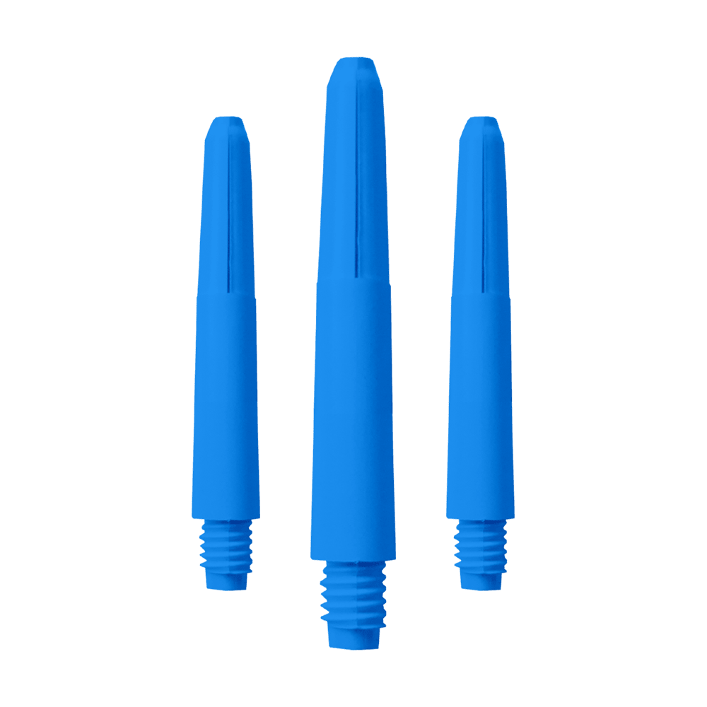 573_Nylon_Shafts_Blau_35mm_1 Das Bild zeigt drei blaue Nylon Shafts. Sie sind in einer Reihe angeordnet und haben Gewinde an einem Ende.