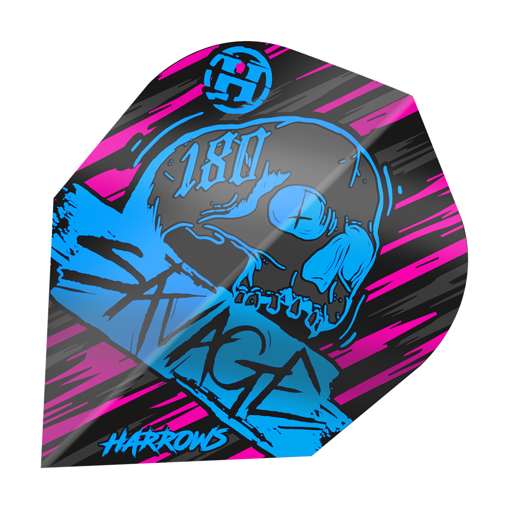 Harrow's Savage Aqua Pink No6 Flights Das Bild zeigt das Produkt "Harrows Savage Aqua Pink No6 Flights" mit einem auffälligen Design in Blau, Pink und Schwarz. In der Mitte ist ein Totenkopf und der Schriftzug "Savage" zu sehen.
