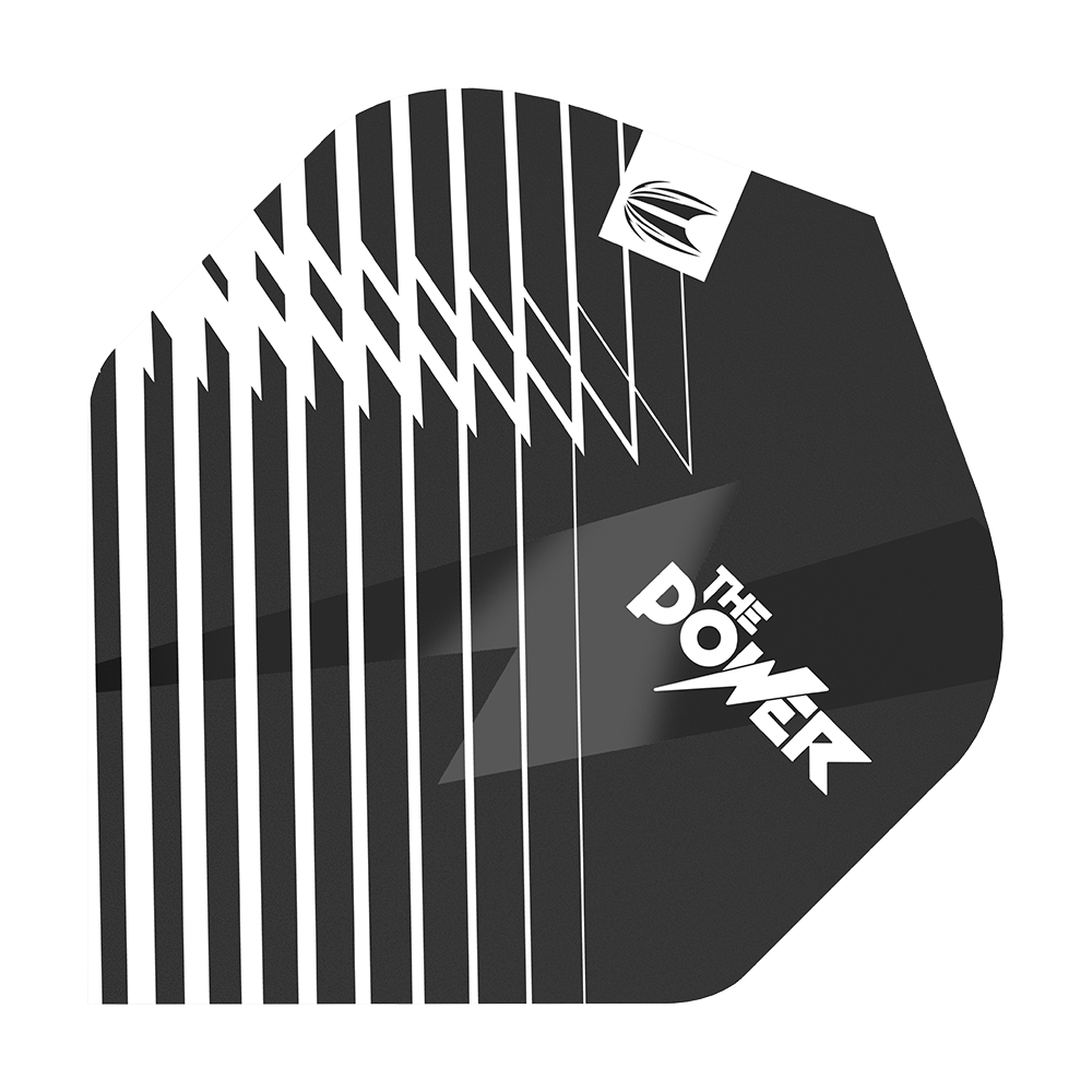 TG94_336740_Target_ProUltra_Phil_Taylor_Black_No2_Standard_Flights_1 Das Bild zeigt die Target ProUltra Phil Taylor Black No2 Standard Flights. Die Flights sind schwarz mit weißen Akzenten und dem Schriftzug "The Power".