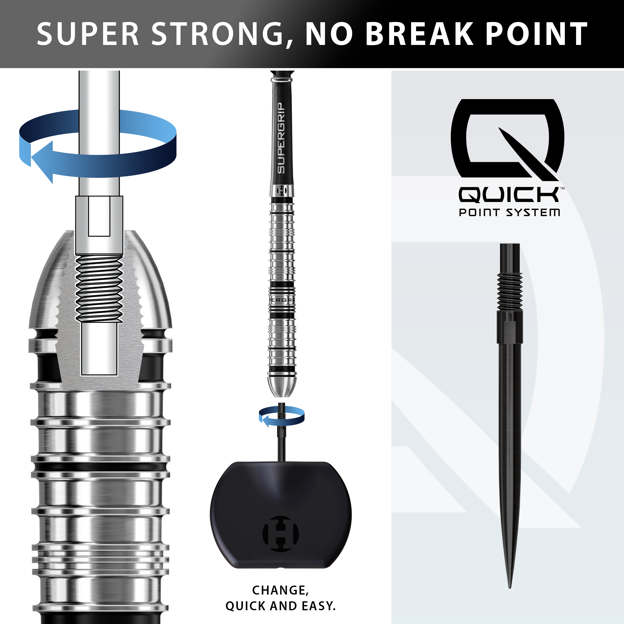 Harrows Supergrip Tapered Quick Point Steel Darts Gezeigt werden die Harrows Supergrip QP Tapered Quick Point Steeldarts. Sie sind besonders für ambitionierte Spieler geeignet.