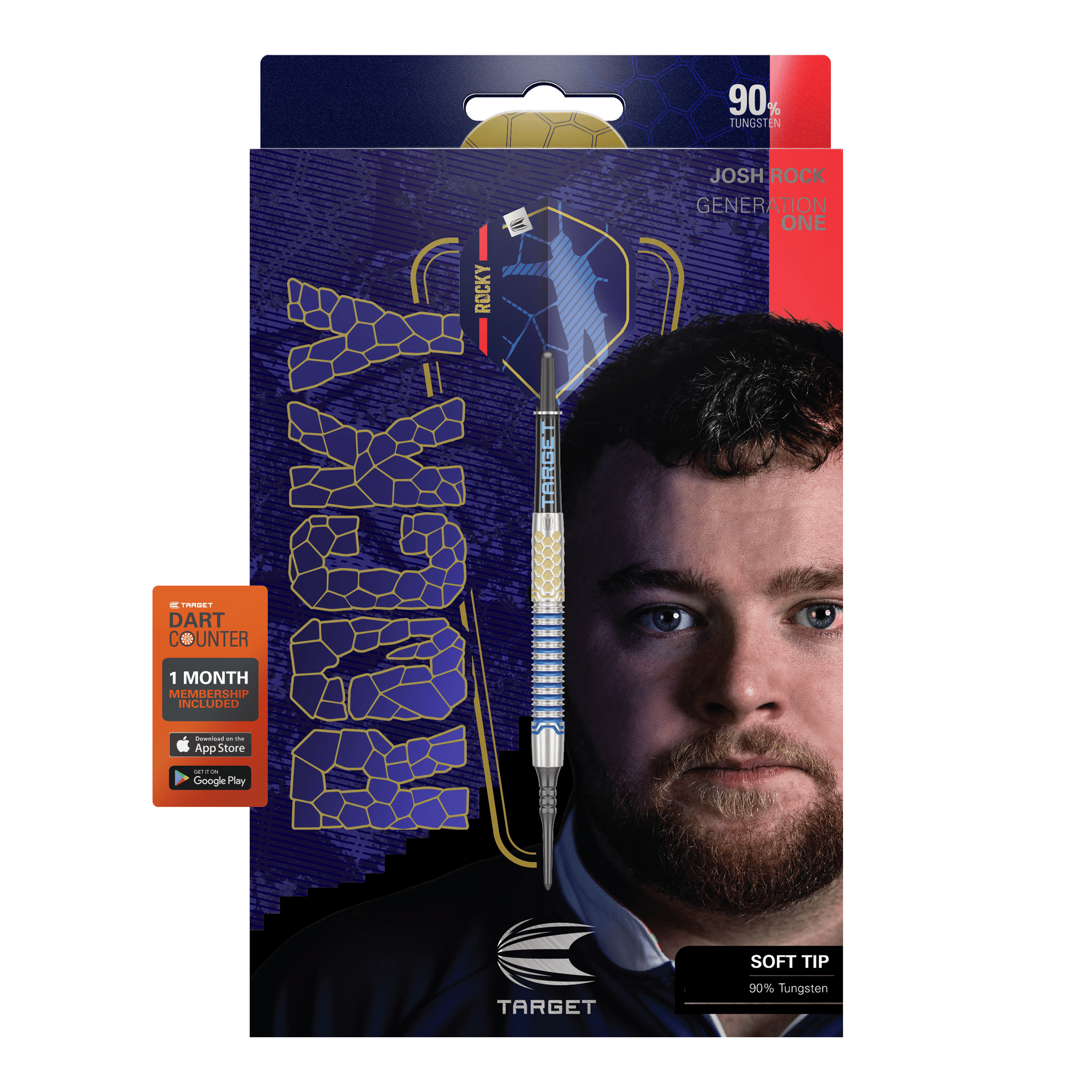 Target Josh Rock GEN1 Soft Darts - 20g Die Abbildung zeigt die Softdarts "Target Josh Rock GEN1" mit einem Gewicht von 20g. Auf der Verpackung ist ein Porträt eines Mannes sowie die Angabe "90% Tungsten" und "SOFT TIP" zu sehen.