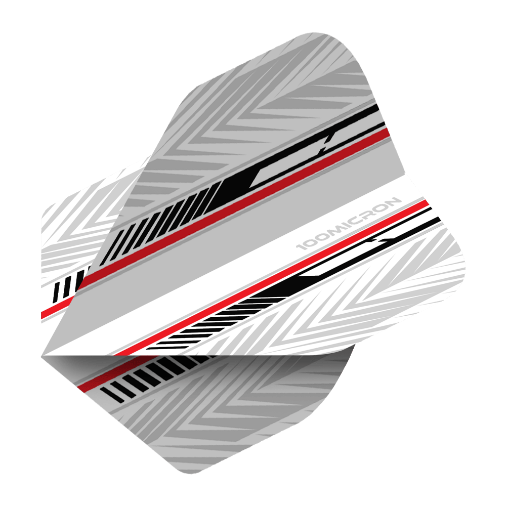 Pentathlon Flights white/black/red Das Bild zeigt ein Dart-Flight mit dem Namen "Pentathlon White Black Red No2 Standard Flights". Es ist überwiegend weiß und grau mit schwarzen und roten Akzenten und geometrischem Muster gestaltet.