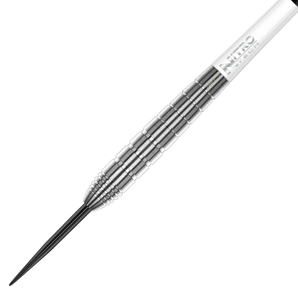 RD2503_Red_Dragon_Luke_Humphries_TX1_Steeldarts_2 Dies ist ein Steeldart aus der Produktreihe "Red Dragon Luke Humphries TX1". Der Dart hat eine silberne, geriffelte Metallspitze und einen weißen Schaft mit der Aufschrift "Nitro Tech".