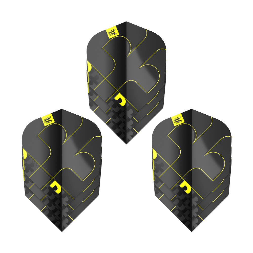 Target ProUltra Bolide Void No6 Flights Das Bild zeigt drei Target ProUltra Bolide Void No6 Flights. Die Flights sind schwarz mit gelben Akzenten und besitzen ein modernes, geometrisches Design.