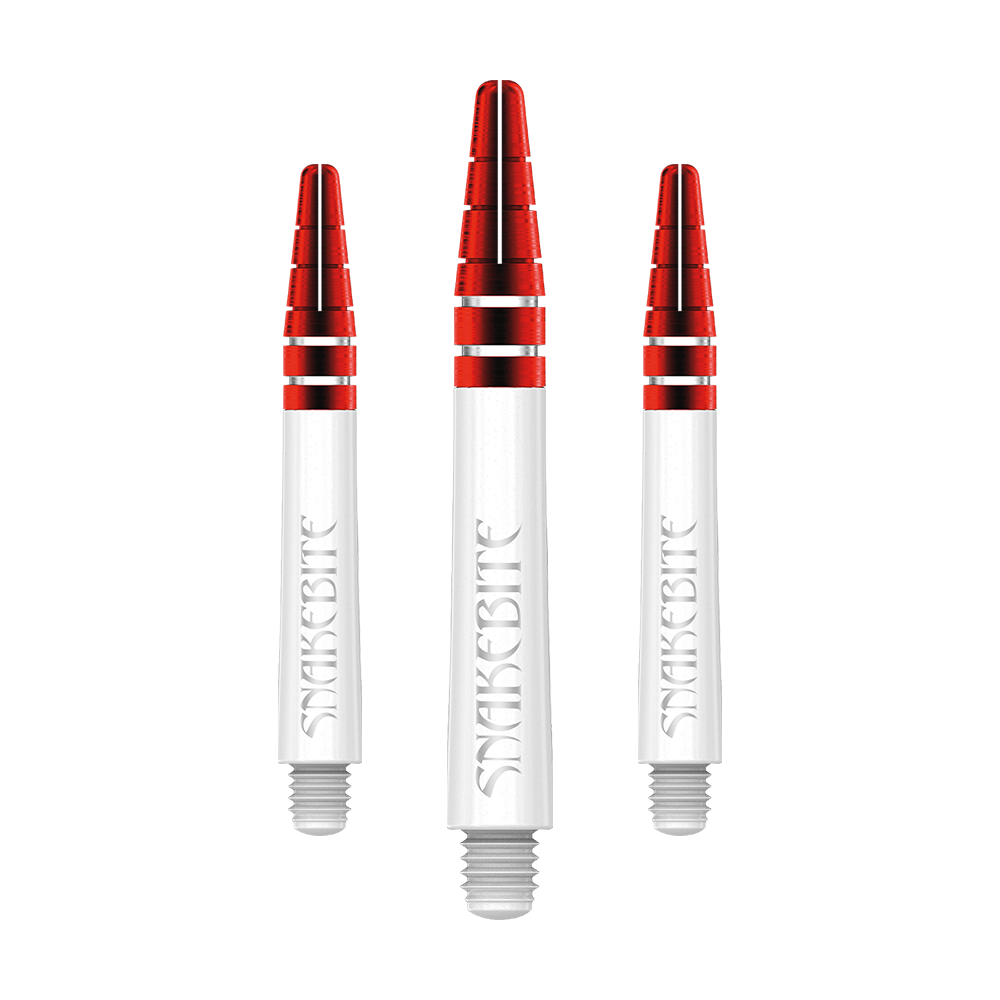 C803_Red_Dragon_Nitrotech_Peter_Wright_White_Red_Shafts_39mm_1 Das Bild zeigt drei rote und weiße Dartschäfte mit der Aufschrift "Snakebite". Es handelt sich um das Produkt "Red Dragon Nitrotech Peter Wright Red Shafts - 39mm".