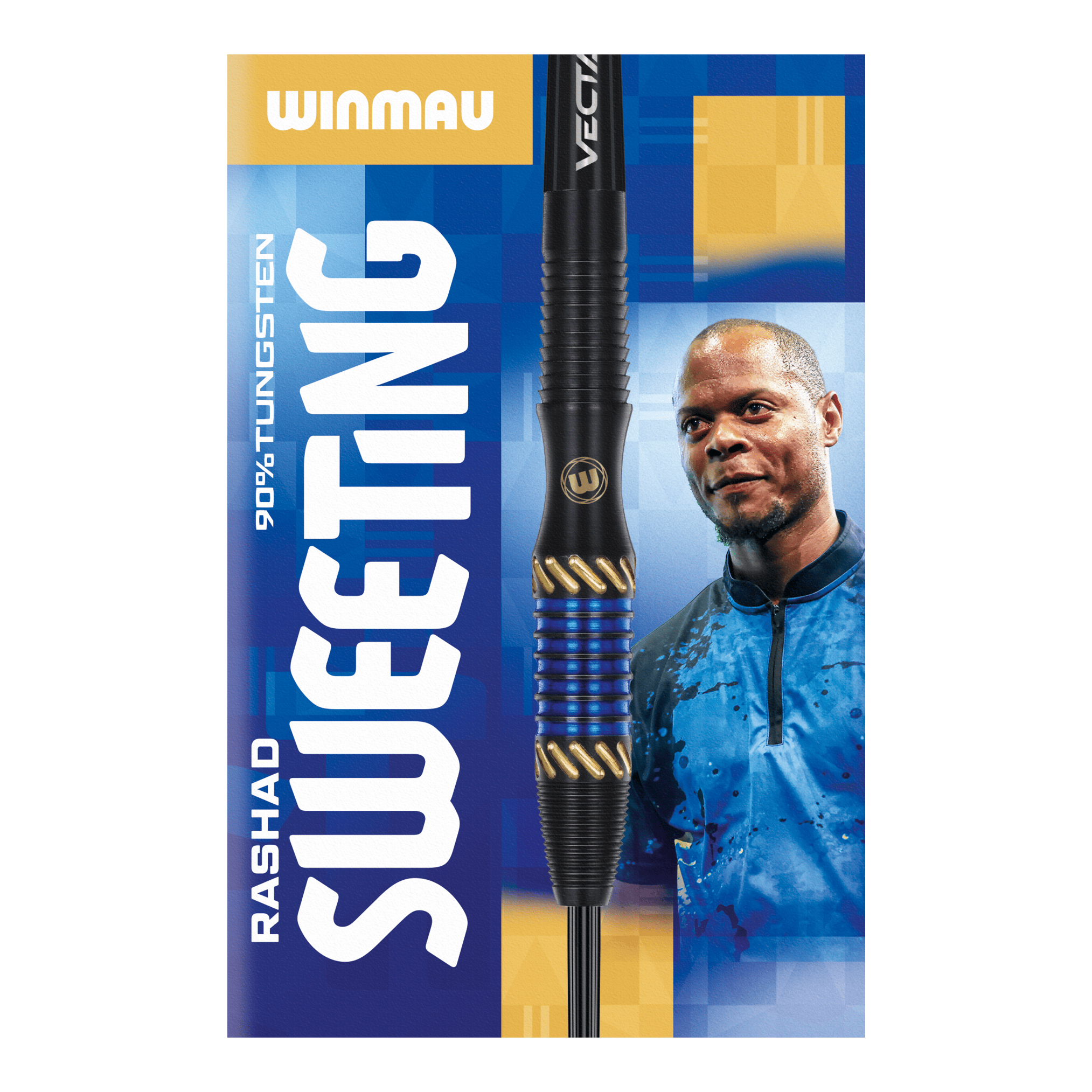 Das Bild zeigt die Verpackung der "Winmau Rashad Sweeting Steeldarts - 24g". In der Mitte ist ein Dartpfeil abgebildet, daneben ist eine Person in einem blauen Outfit zu sehen.