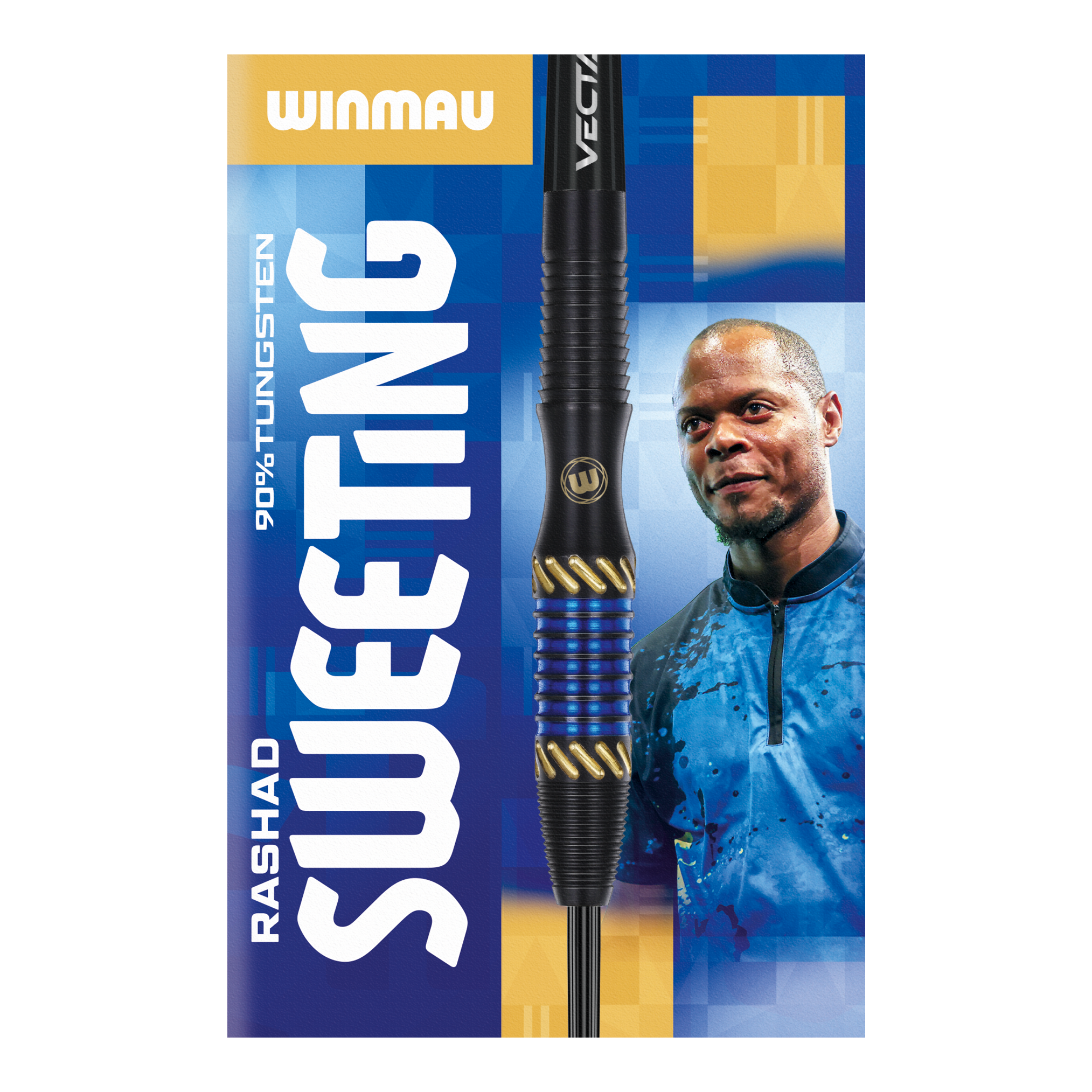 Winmau Rashad Sweeting Steeldarts - 24g Das Bild zeigt die Verpackung der "Winmau Rashad Sweeting Steeldarts - 24g". In der Mitte ist ein Dartpfeil abgebildet, daneben ist eine Person in einem blauen Outfit zu sehen.