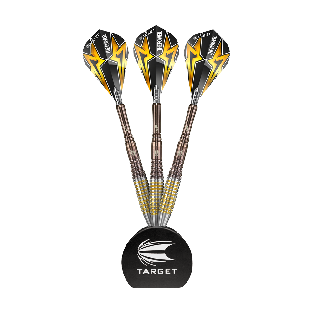 119091_Target_Acryl_Display_Stand_2 Das Bild zeigt den "Target Acryl Display Ständer" mit drei Dartpfeilen. Die Pfeile sind stilvoll aufrecht im Ständer angeordnet.