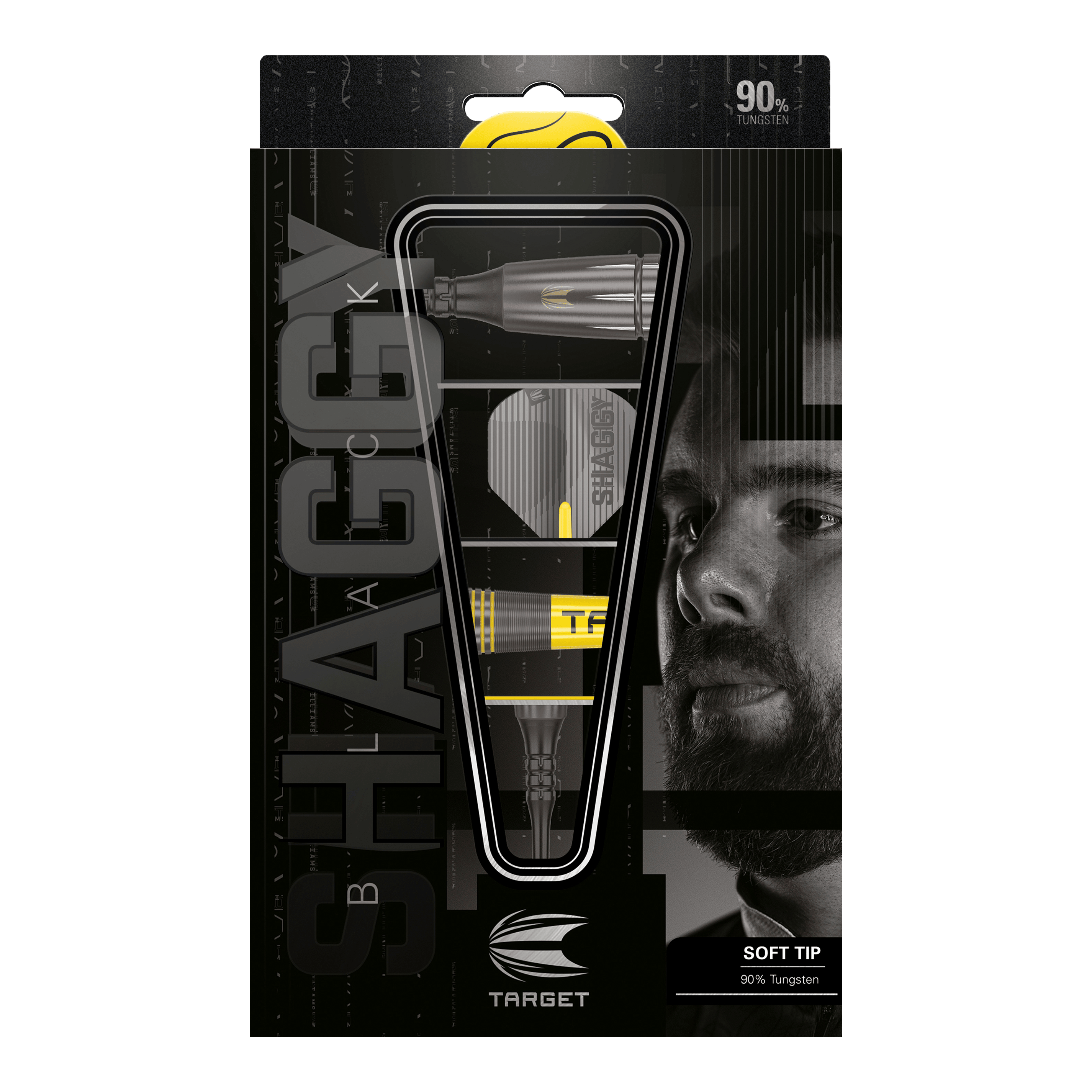 Target Scott Williams Shaggy Black Soft Darts - 20g Das Bild zeigt die Verpackung der "Target Scott Williams Shaggy Black Softdarts - 20g". Die Darts bestehen zu 90% aus Wolfram und haben eine schwarze und gelbe Optik.