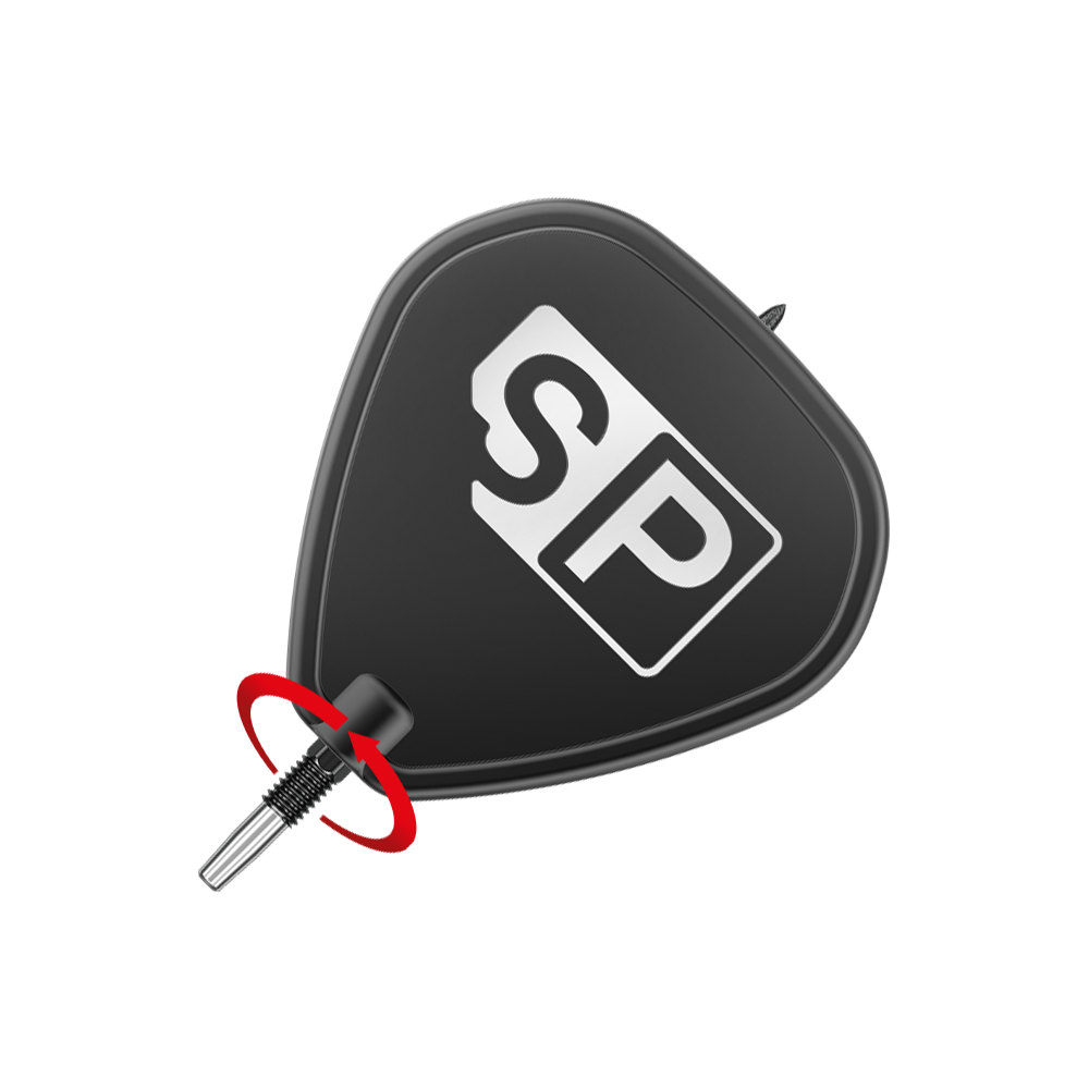 Das Bild zeigt die schwarzen Target Swiss Point SLK Dartspitzen. Im Vordergrund ist die Dartspitze mit einem schwarzen Flight zu sehen, auf dem die Buchstaben "SP" stehen.