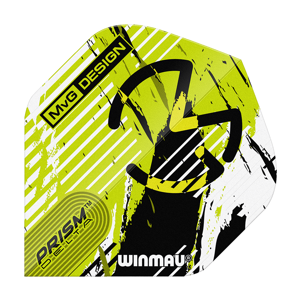 Winmau Delta Michael Van Gerwen Prism 03 Standard Flights Das Bild zeigt ein Winmau Delta Michael Van Gerwen Prism 03 Standard Flight. Das Design ist in Gelb, Schwarz und Weiß gehalten und trägt die Aufschrift „MvG Design“ sowie „Prism Delta“.