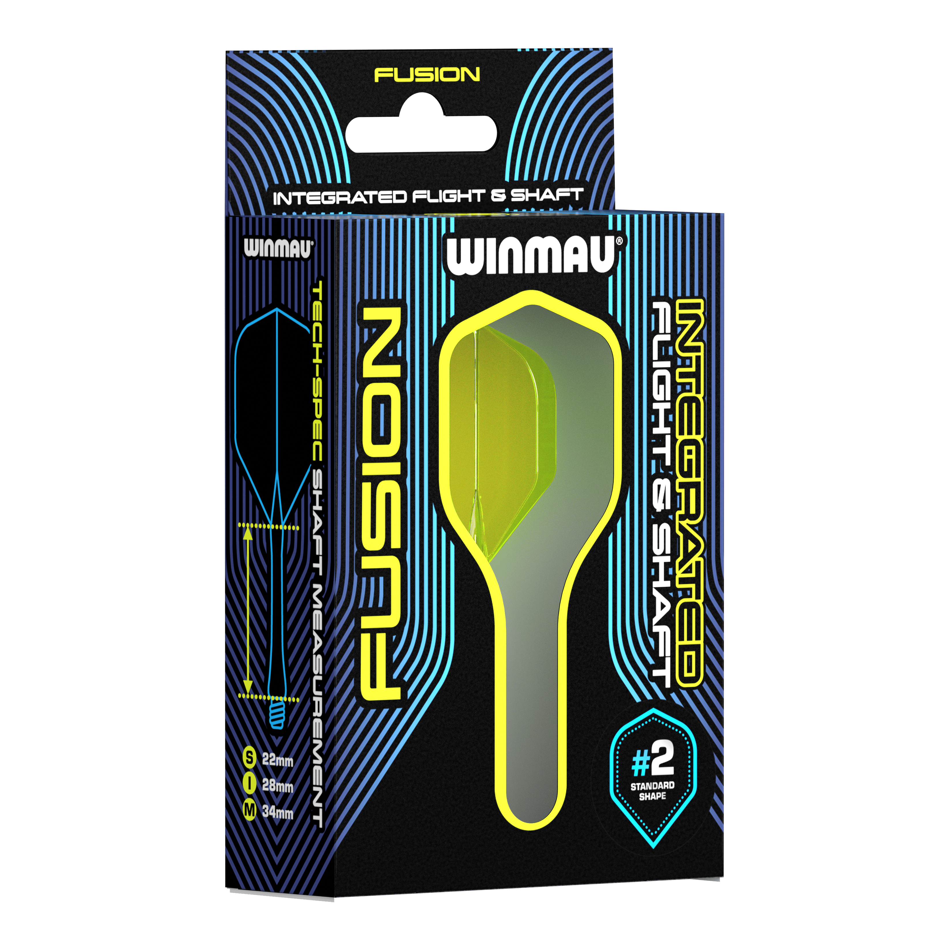 Winmau Fusion Flight Shaft System Standard Yellow Auf dem Bild ist eine Verpackung des Winmau Fusion Integrated Flight & Shaft Systems zu sehen. Die abgebildeten Flights und Shafts sind in Gelb und haben eine Länge von 22 mm.