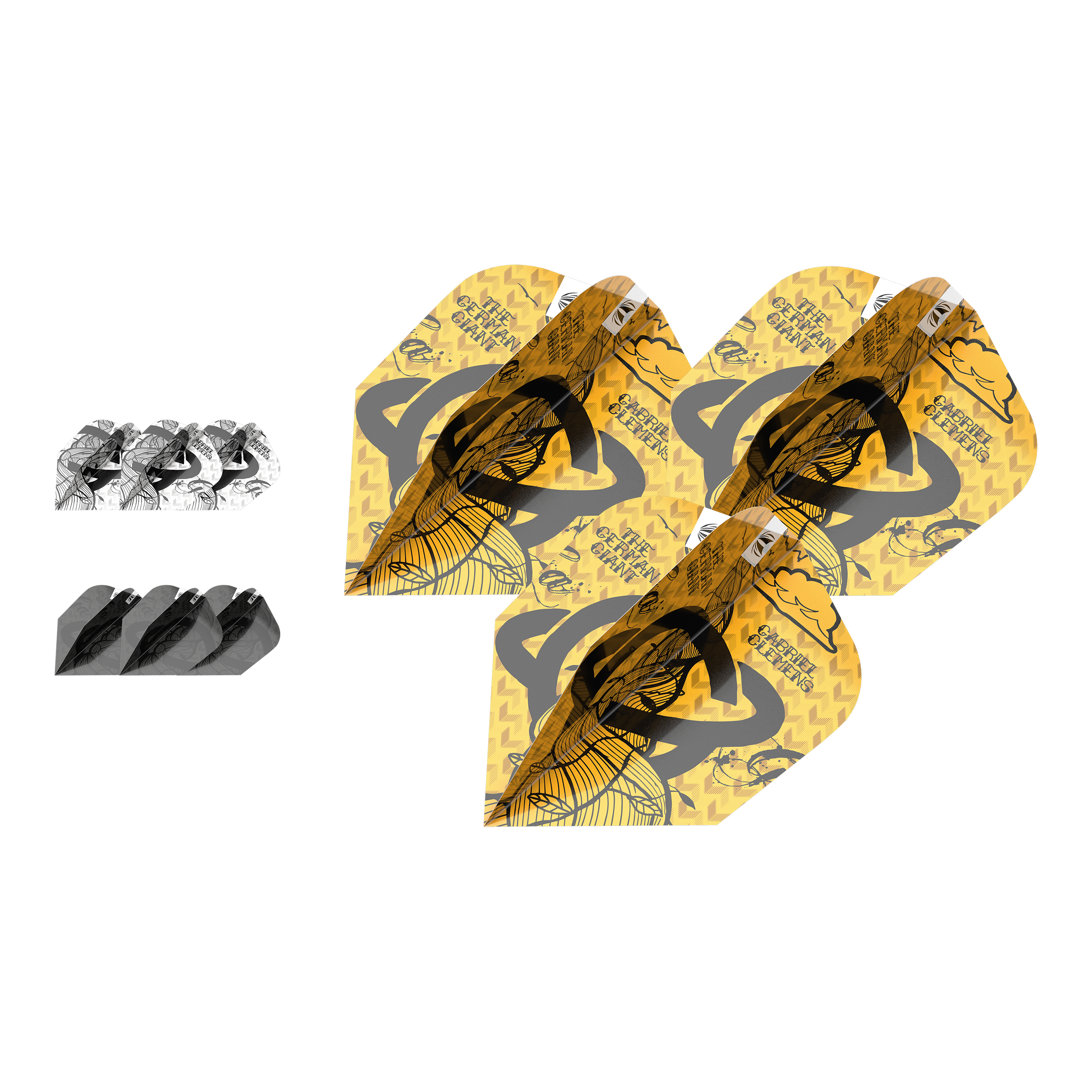 Das Bild zeigt drei Sets von Gabriel Clemens Ten-X Flights aus der Target Ink Bundle Kollektion. Die Flights sind in Gelb, Schwarz und Weiß gestaltet und liegen nebeneinander.