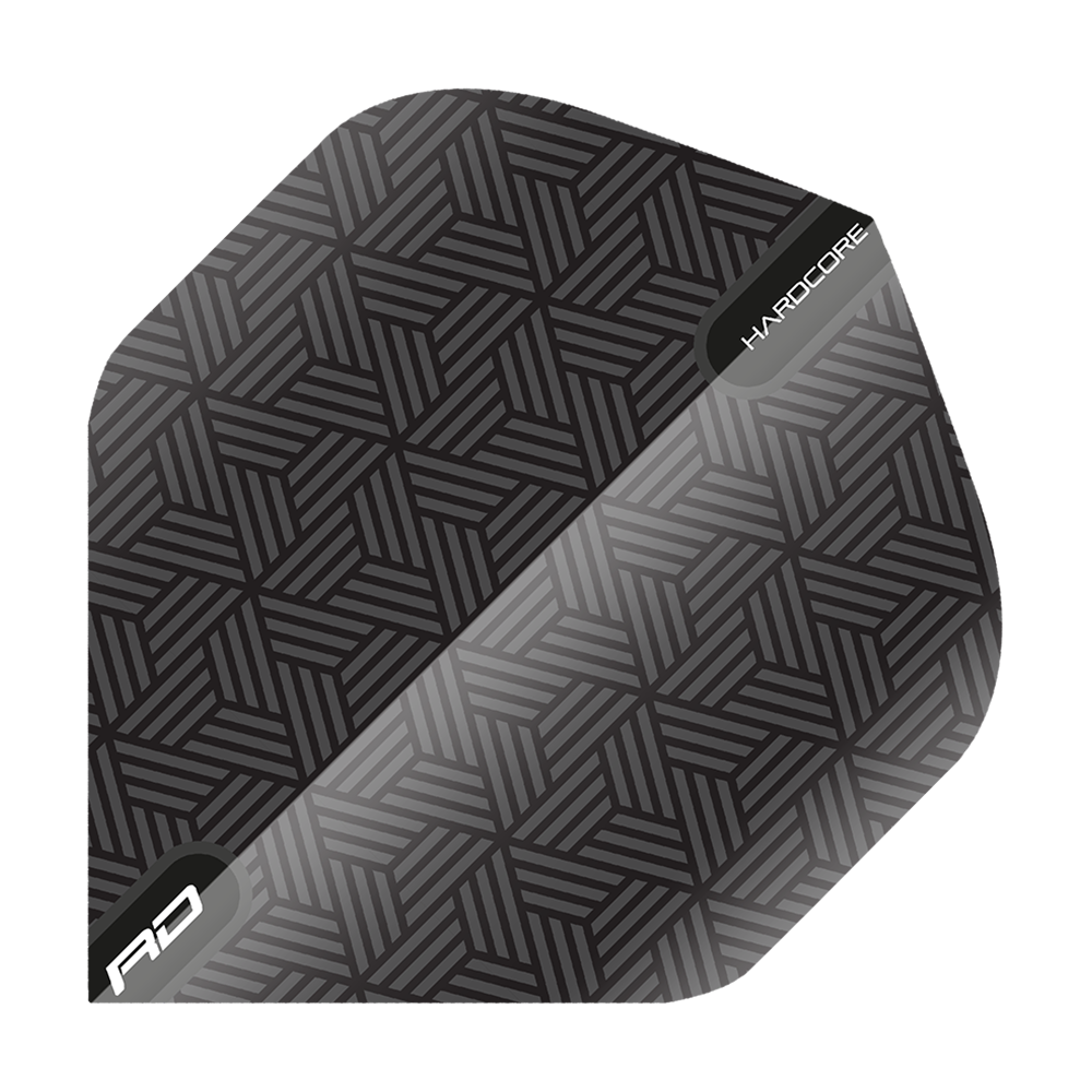 TF6428_Red_Dragon_Hardcore_Black_Standard_Flights_1R5thLoxjM4E6v Das Bild zeigt ein Set von Red Dragon Hardcore Black Standard Flights. Die Flights haben ein schwarzes, geometrisches Muster mit den Aufschriften "RD" und "Hardcore".