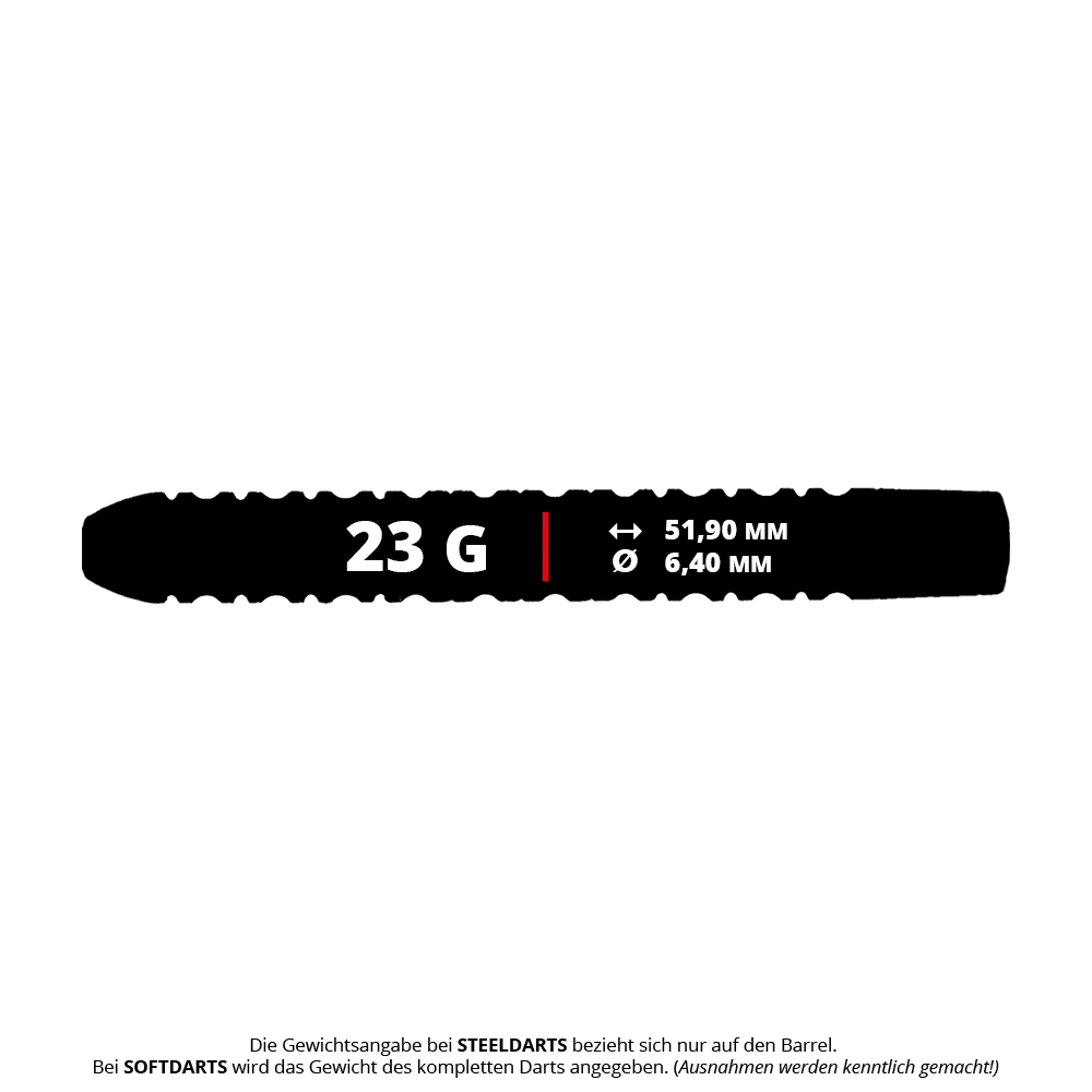McDart Ocean Steeldart Barrels - 23g Das Bild zeigt ein McDart Ocean Steeldart Barrel mit einem Gewicht von 23 Gramm. Die Länge beträgt 51,90 mm und der Durchmesser 6,40 mm.
