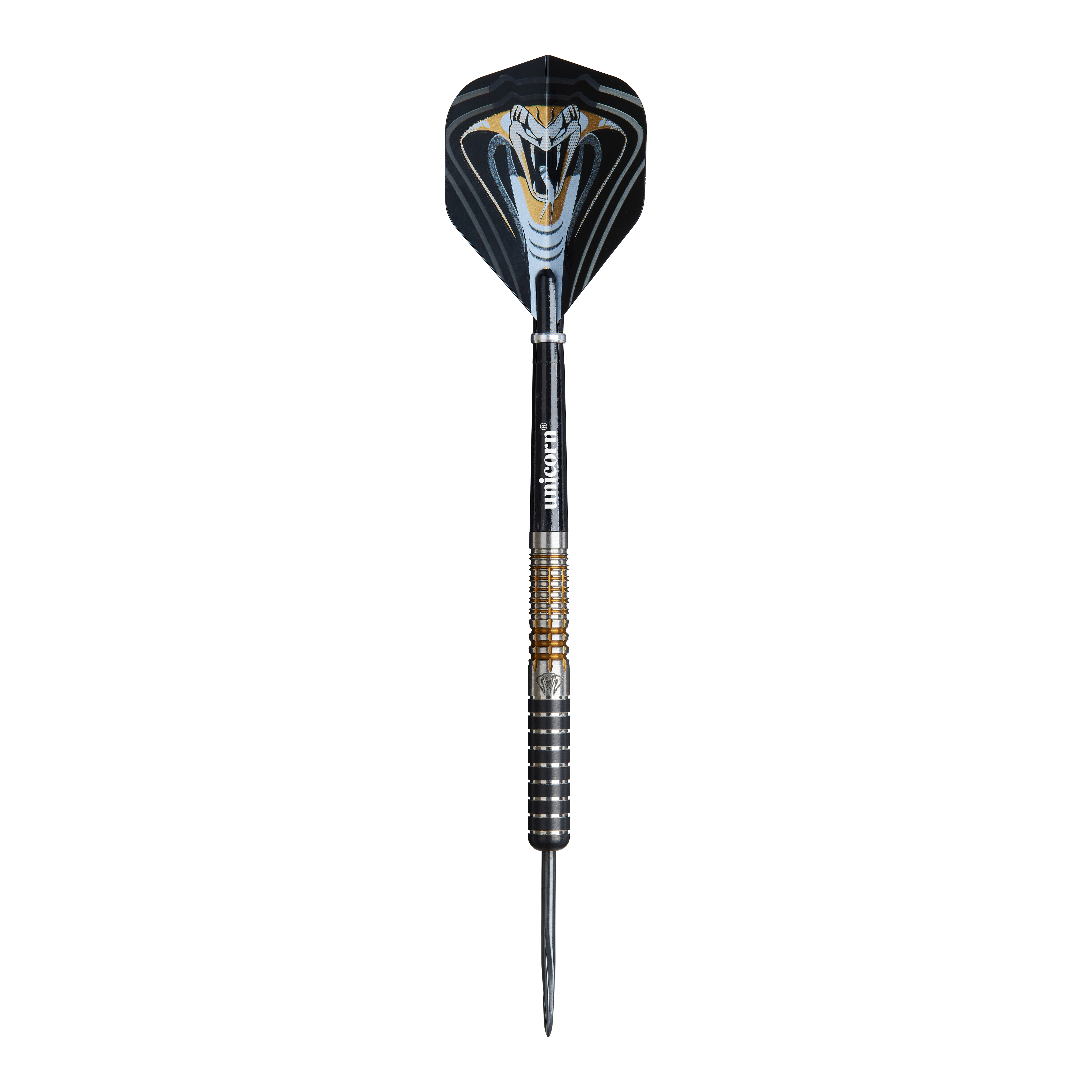Unicorn Maestro Jeffrey De Zwaan Phase 3 steel darts Das Bild zeigt einen Unicorn Maestro Jeffrey De Zwaan Phase 3 Steeldart. Der Dart ist schwarz mit silbernen und goldenen Akzenten und zeigt ein auffälliges Schlangendesign auf dem Flight.