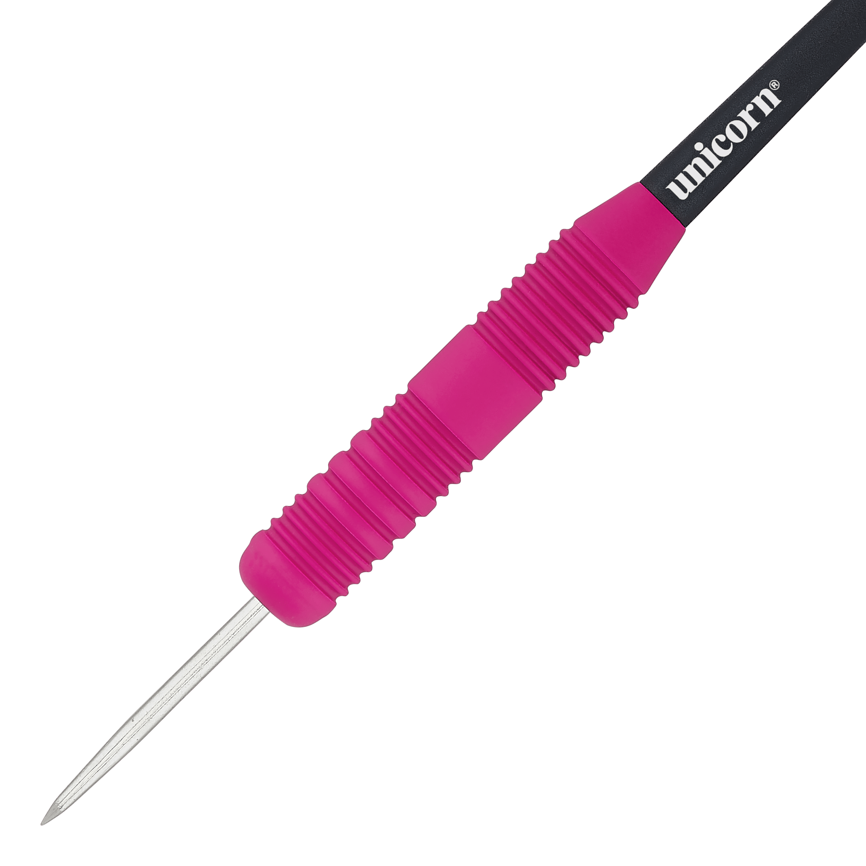 Unicorn Core Plus Rubberized Pink Steel Darts Das Bild zeigt einen Unicorn Core Plus Steeldart mit einem gummierten, pinken Griff. Der Dart hat eine silberne Spitze und einen schwarzen Schaft mit dem weißen "unicorn"-Logo.